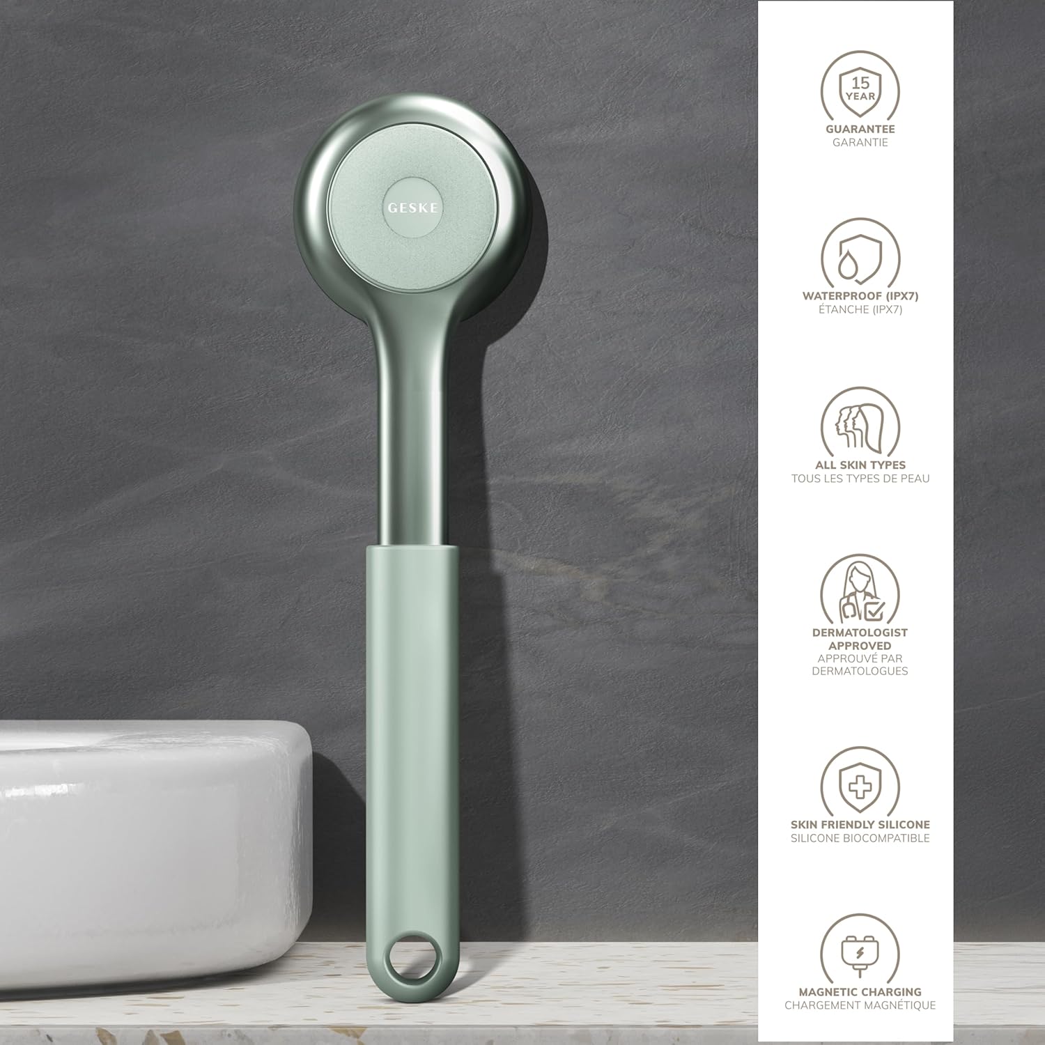 GESKE Sonic Full-Body Brush highlighting features like 15-year guarantee, waterproof IPX7, all skin types, dermatologist approved, skin-friendly silicone, and magnetic charging.
