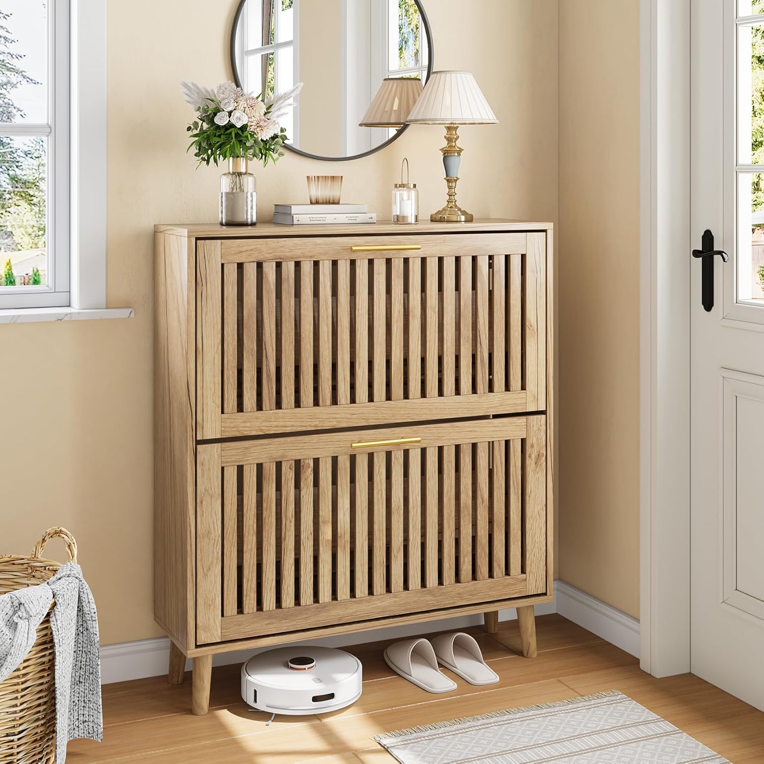 Shoe Storage Cabinet with 2 Flip Slatted Drawers, Narrow Wood Shoe Cabinet with Gold Handle, Hidden Entryway Shoe Organizer for Hallway, Foyer, Natural Oak Natural Oak 31.5“ W