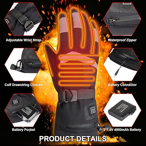 Miniatura 4 de Guantes térmicos para hombre con batería 7.4 V 4000 mAh recargable, guantes eléctricos para esquí, motocicleta, pantalla táctil, impermeable, cálido