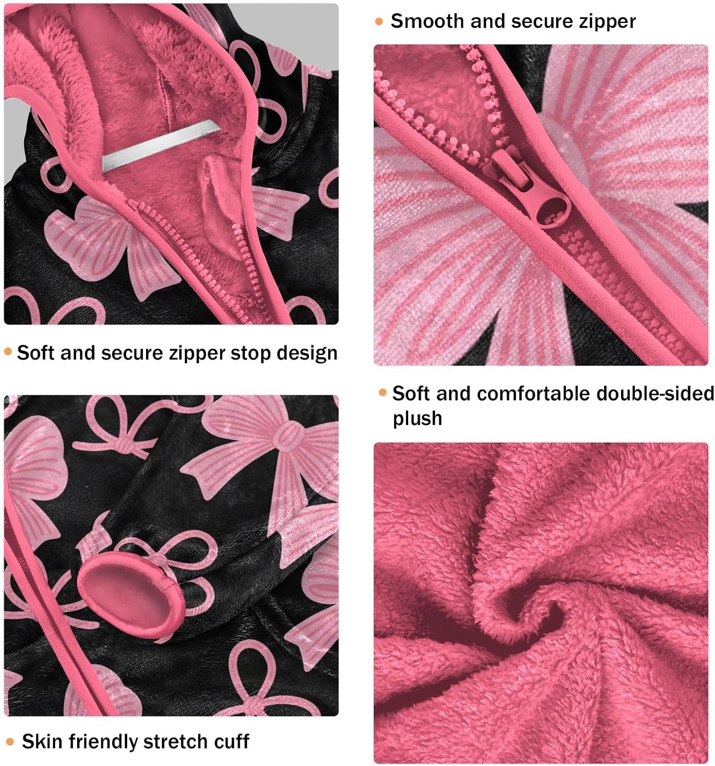 Girls Hoodie Outfit Pink Bow Pattern Black Zipper Sweatshirt Coat Fleece Jacket for Kids 3-10T