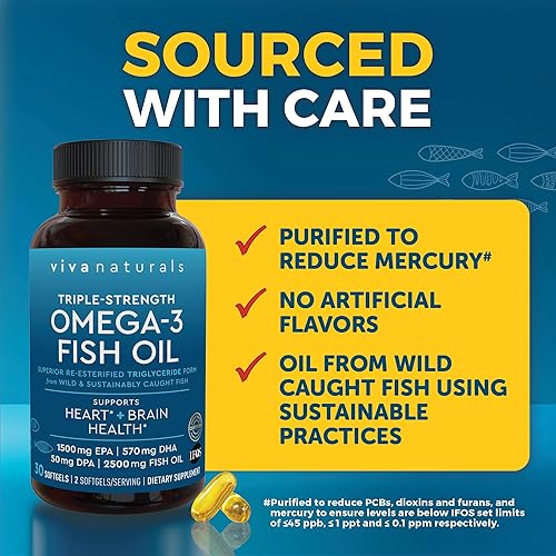 Miniatura 7 de Viva Naturals Aceite de pescado omega-3, triple fuerza, 2500 mg, 30 cápsulas blandas - Ácidos grasos Omega 3 reesterificados incluyendo EPA, DHA,