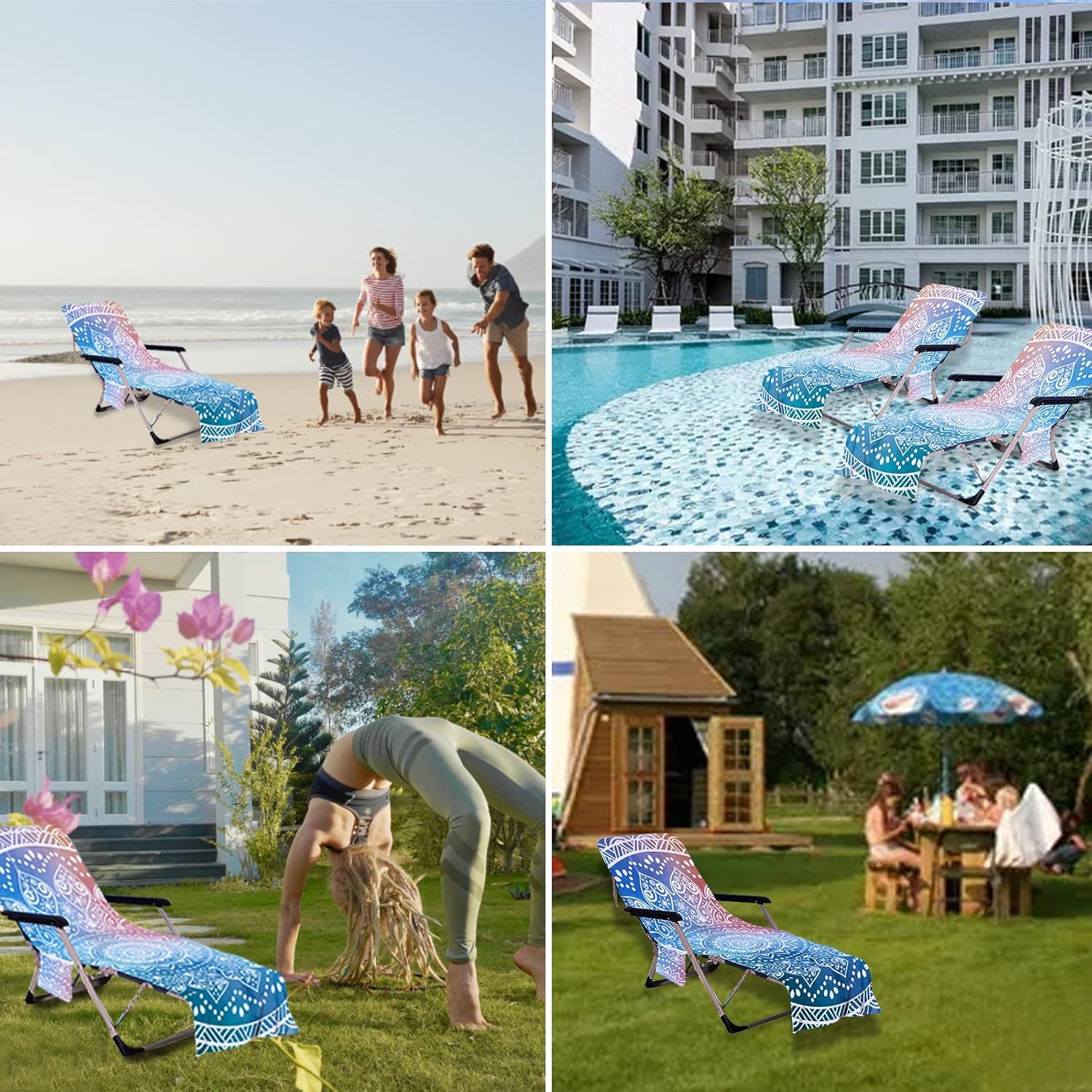 Beach Chair Cover with Side Pockets Thick and Quick Dry Chaise Lounge Chair Towel Cover for Sun Lounger Pool Sunbathing Garden Beach Hotel No Sliding (Blue)