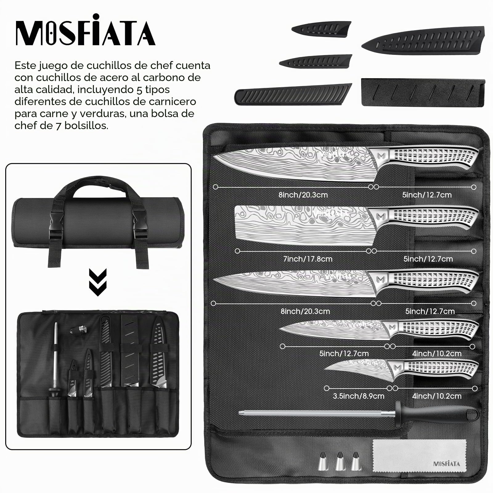 MOSFiATA Juego de Cuchillos con Bolsa, Set Cuchillos Cocina Profesional con Afilador y Estuche