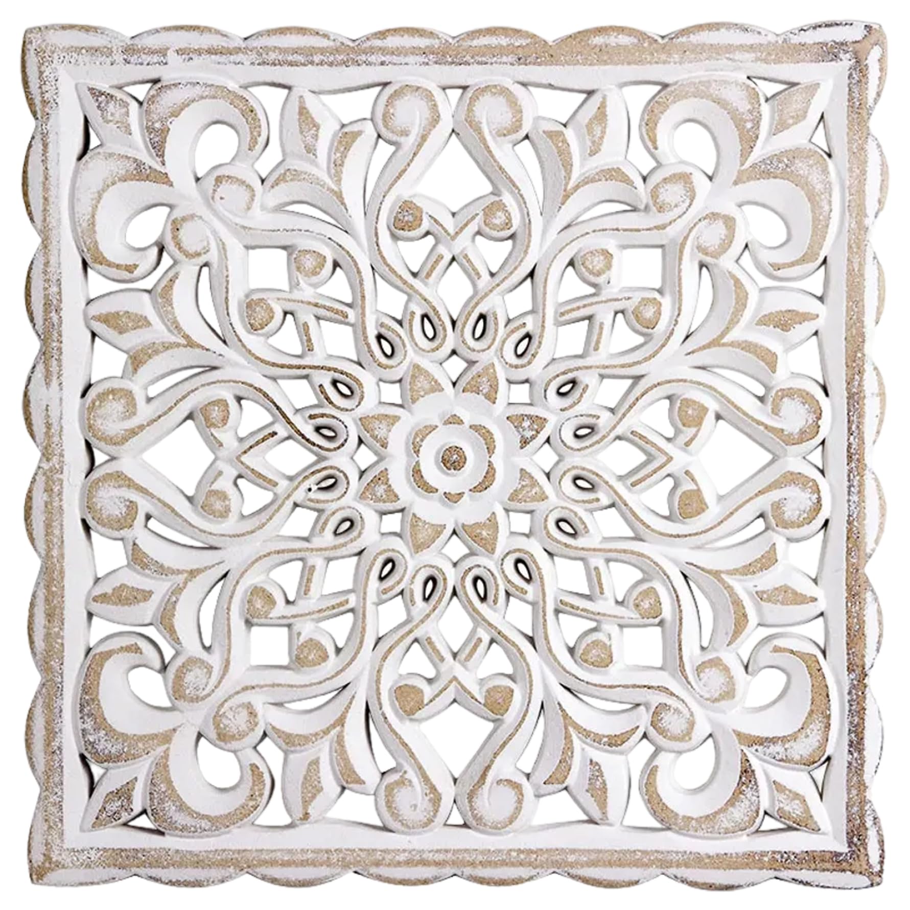 Decoración de pared de madera, arte de pared de madera tallada hueca floral, arte decorativo de mandala decorativo blanco vintage 12x12x0.5 panel colgante con diseño de mandala para sala de estar de