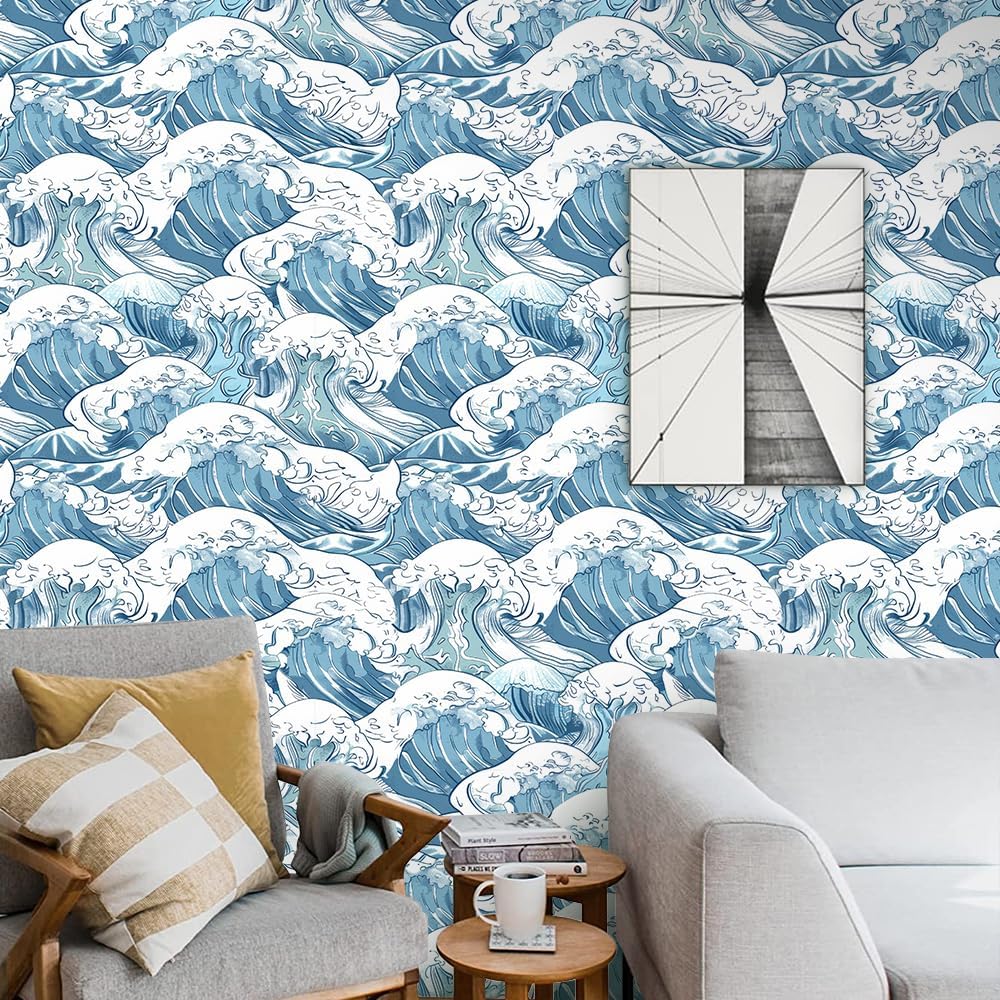 Thicken Blue Wave Wallpaper,17.71"*236.2" Hand Painted Blue Waves Wall Paper Self-Adhesive Modern Art Wallpaper Removable Suitable for Living Room/Bedroom/Bathroom