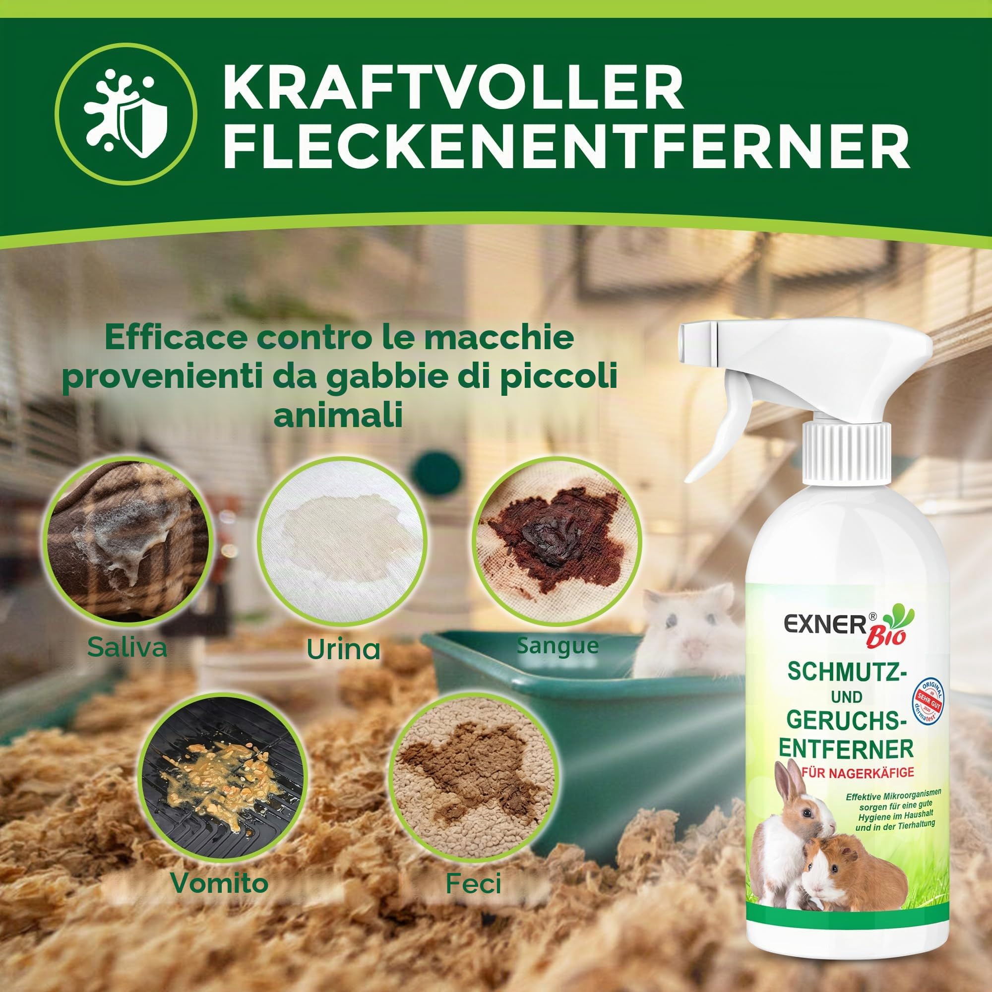 Antiodore e sporco per gabbie di roditori, con microrganismi contro le feci, l'urina e gli odori degli animali domestici, 100% naturale e delicato, flacone spray da 500 ml