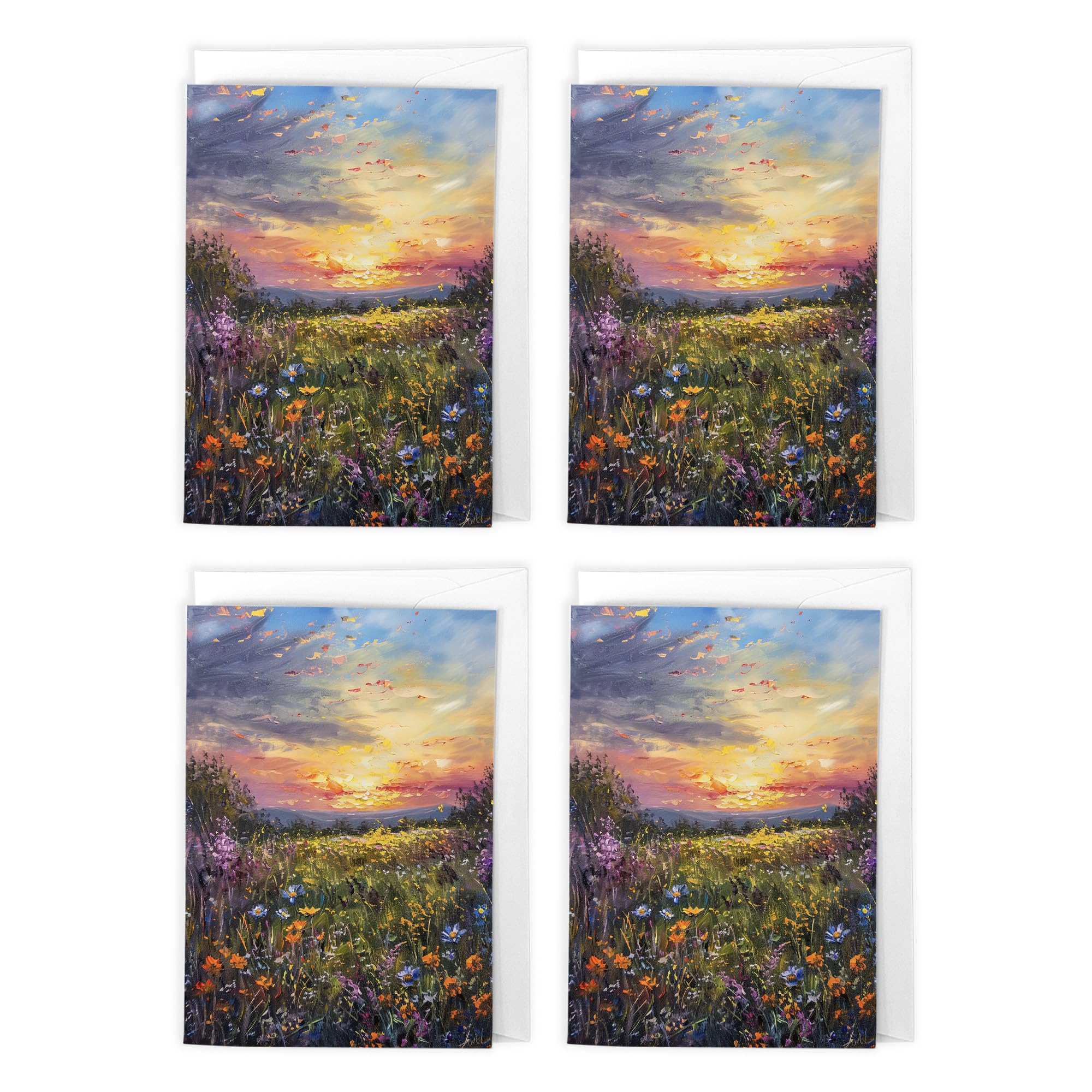 Artery8 Wildflower Meadow Sunset Art Cards Multipack of 4 Floral Landscape Greeting Cards For Any Occasion, Blank Inside For Your Message, A6 Size 10 x 15 cms