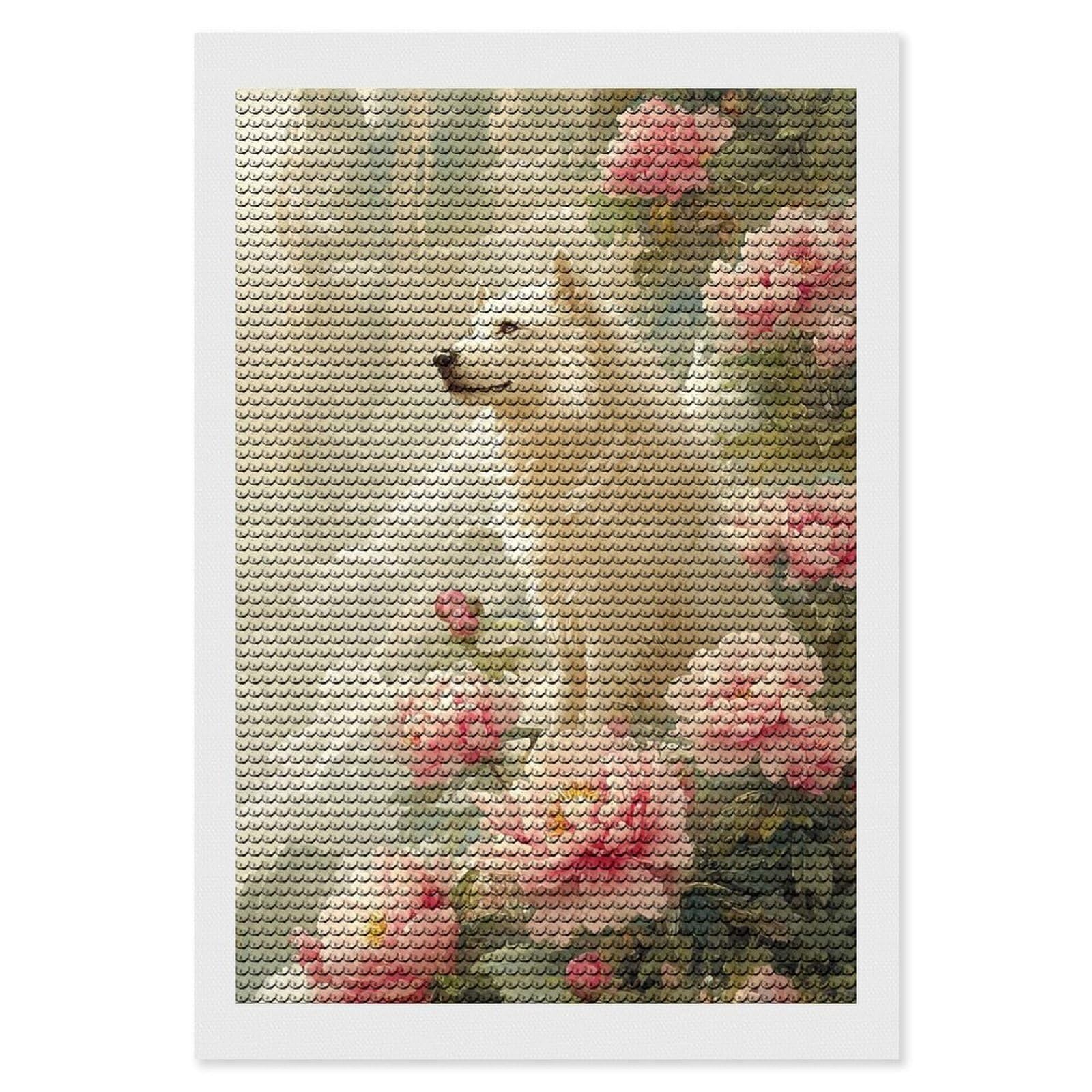 Junmoney White Wolf and Peonies Diamond Art Kit 8"x12", Modern Decor, for Adults, Printed Canvas, Holiday Gift Idea, Fun Craft Experience