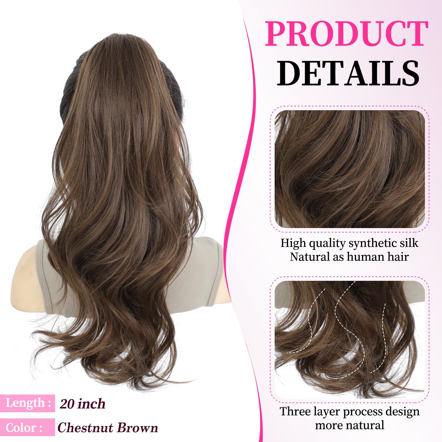 FINE PLUS Ponytail Extension Claw Clip in Ponytail Hair Extensions for Women 20inch Synthetic Wavy Clip in Pony Tail Hair Extensions for Daily Party Use Chestnut Brown Color - Image 2