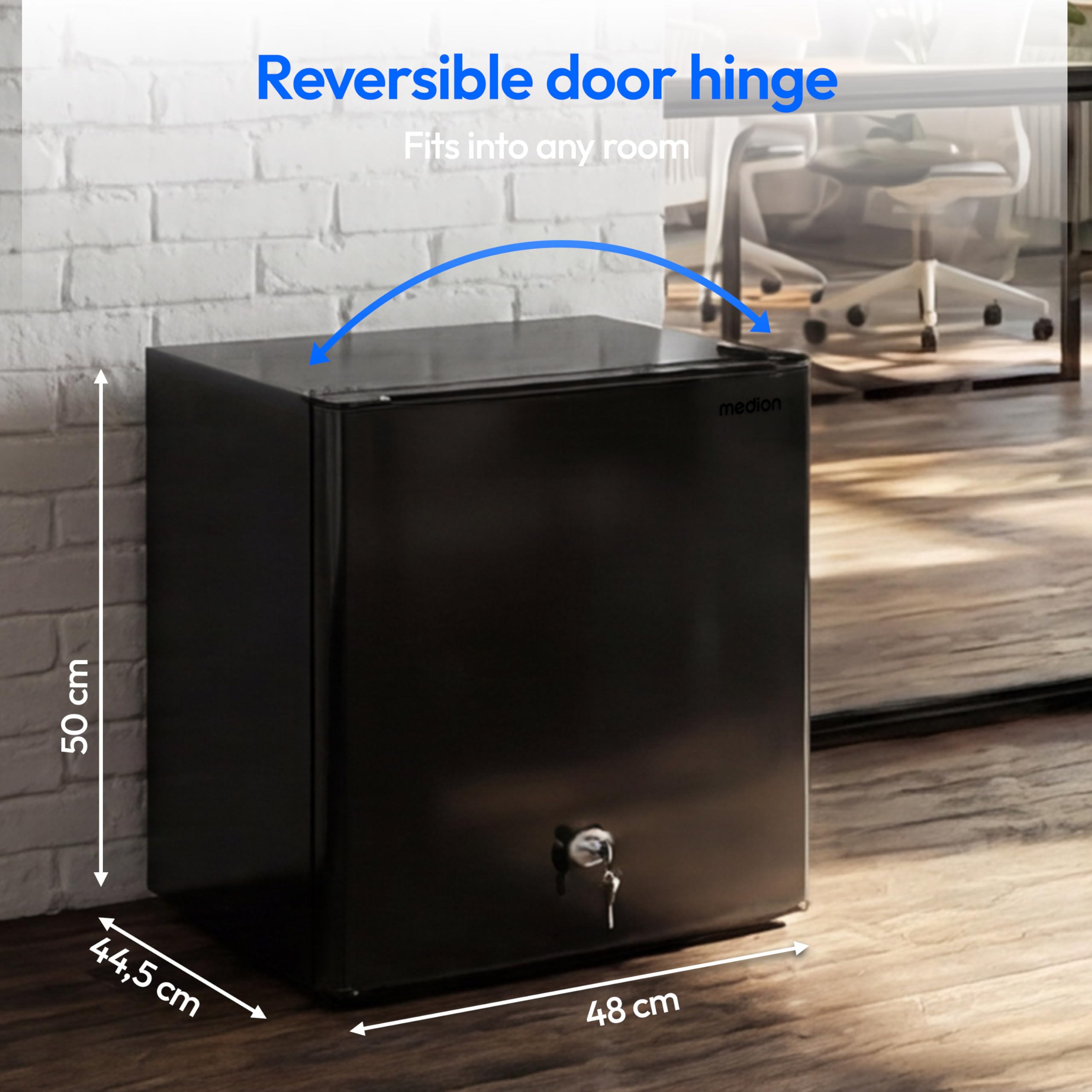 MEDION Mini frigorifero con serratura e vano freezer 42 L, silenzioso piccolo frigorifero per ufficio hotel minibar campeggio gaming, bevande alimenti ghiaccio, porta reversibile, MD 370001 nero
