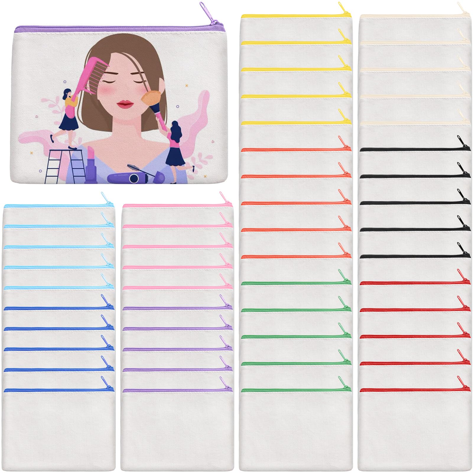 AMDAILY 50Pcs Canvas Makeup Bags Bulk, 7.87 x 5.7Inch Cotton Sublimation Blank DIY Heat Transfer Cosmetic Bag w/Colorful Zipper for Bridesmaid Makeup