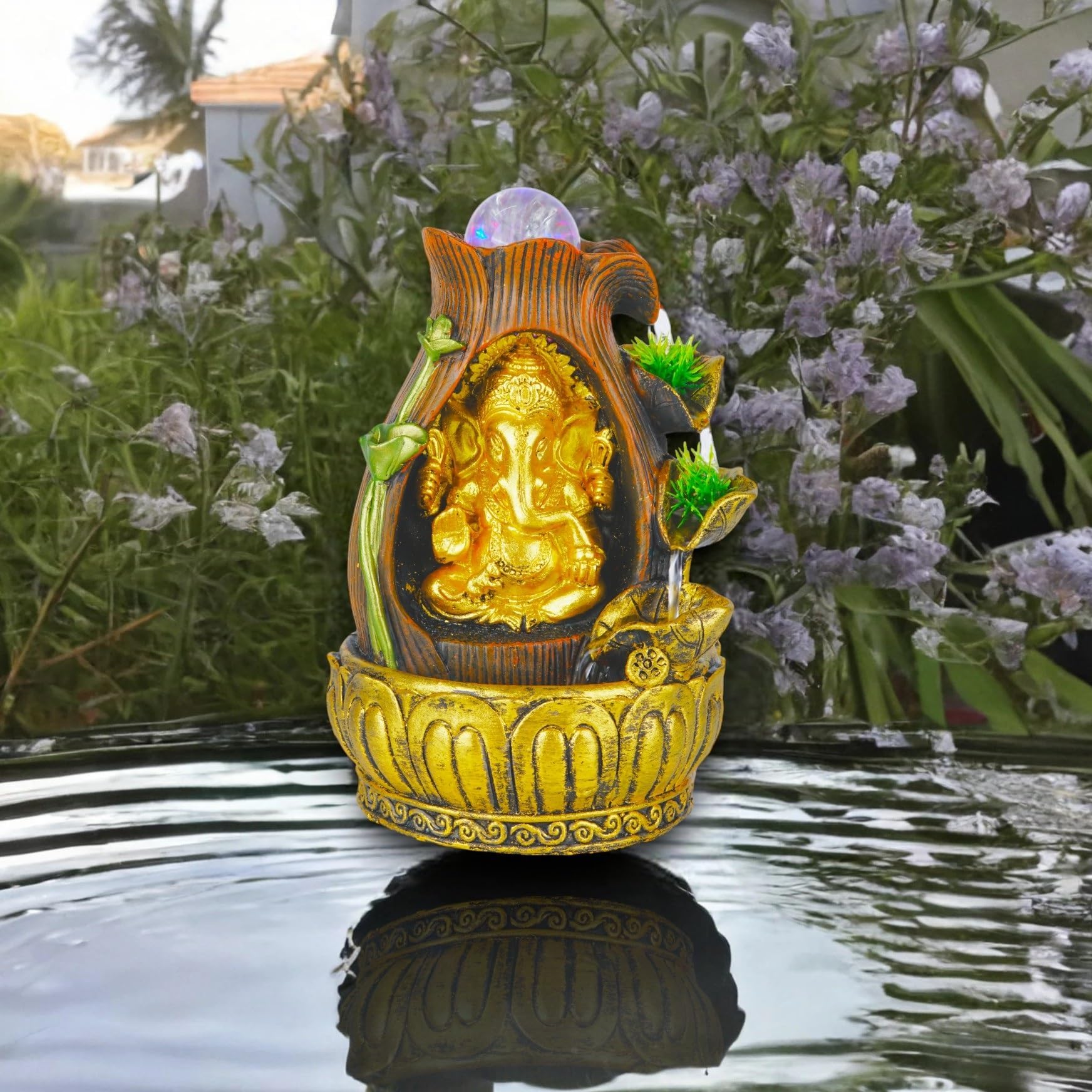 Seven Moon Tabletop Water Fountain Desktop Lord Ganesha Ganpati Figurine Lotus Waterfall with Crystal Ball Home Decor Ornaments for Living Room Office Natural River Indoor Zen Relaxation 7MWF5