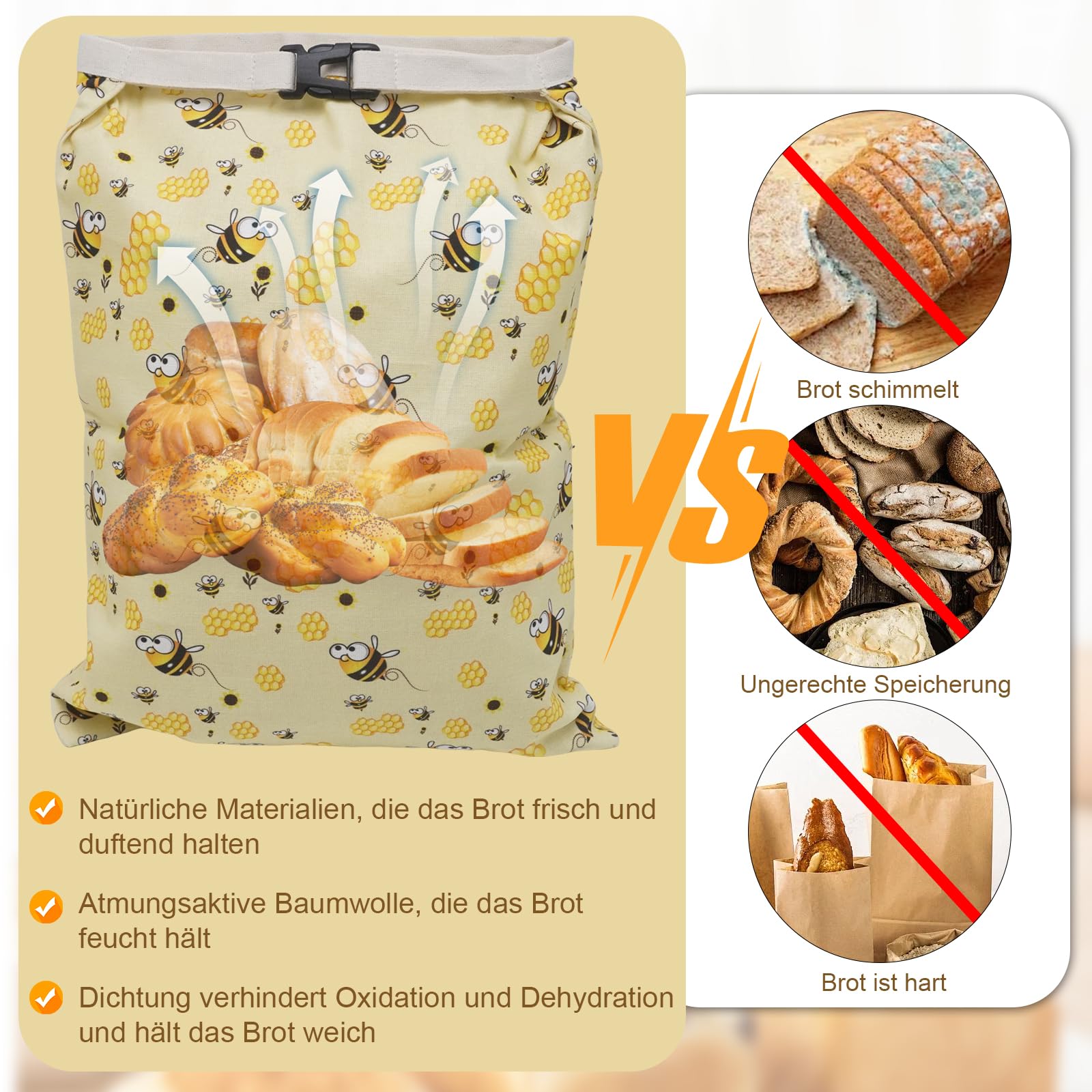 Hoypeyfiy 43 cm x 33 cm, confezione da 2 sacchetti per il pane in cotone con rivestimento in cera d'api naturale, ideali per la cucina di casa e gli appassionati di pasticceria, giallo., moderno