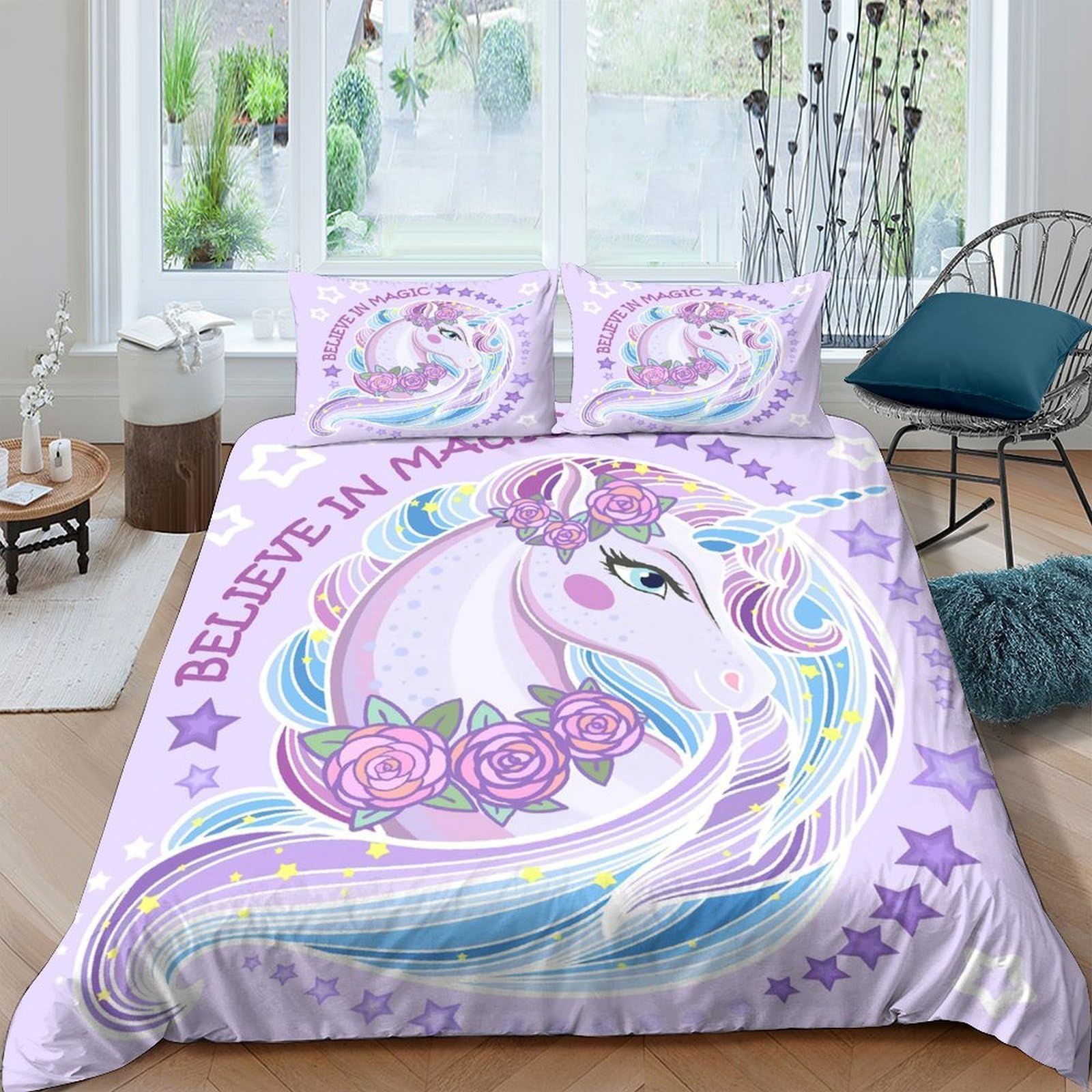 GPLZQXKJNH 3D Printed Pastel Unicorn Duvet Cover Microfiber Soft Breathable Fantasy Bedding Set with 2 Pillowcases for Bedroom Decor Single（135x200cm）