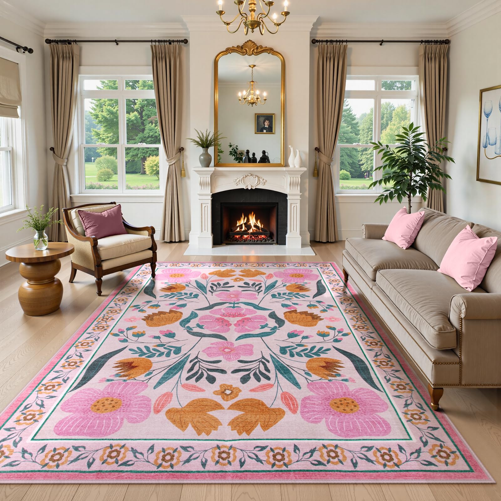Yuemasi Washable Pink Floral Rug 8x10 Living Room, Soft Coquette Rugs for Bedroom Girls Non Slip, No Shedding Colorful Boho Carpet for Nursery Dorm