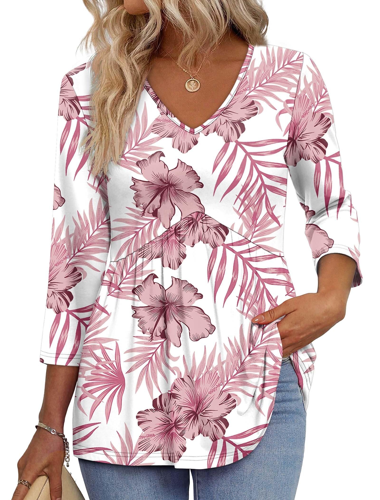 OFEEFAN 3/4 Length Sleeve Womens Tops 2026 Blouses for Women Dressy Casual Fashion Clothing V Neck Babydoll Tops Fall Outfits