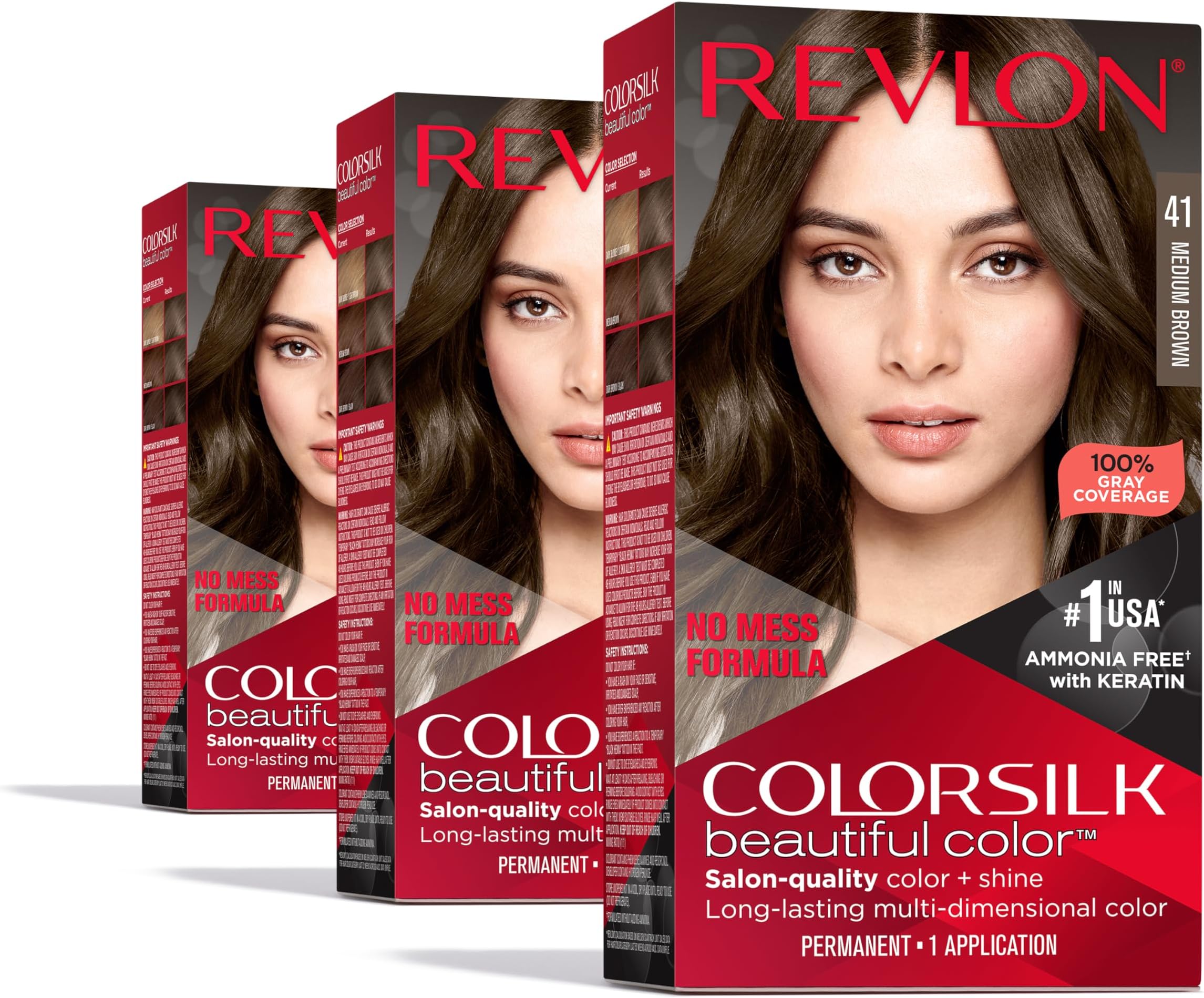 Colorsilk Beautiful Color Permanent Hair Color, (OLD VERSION) 41 Medium Brown (Pack of 3)