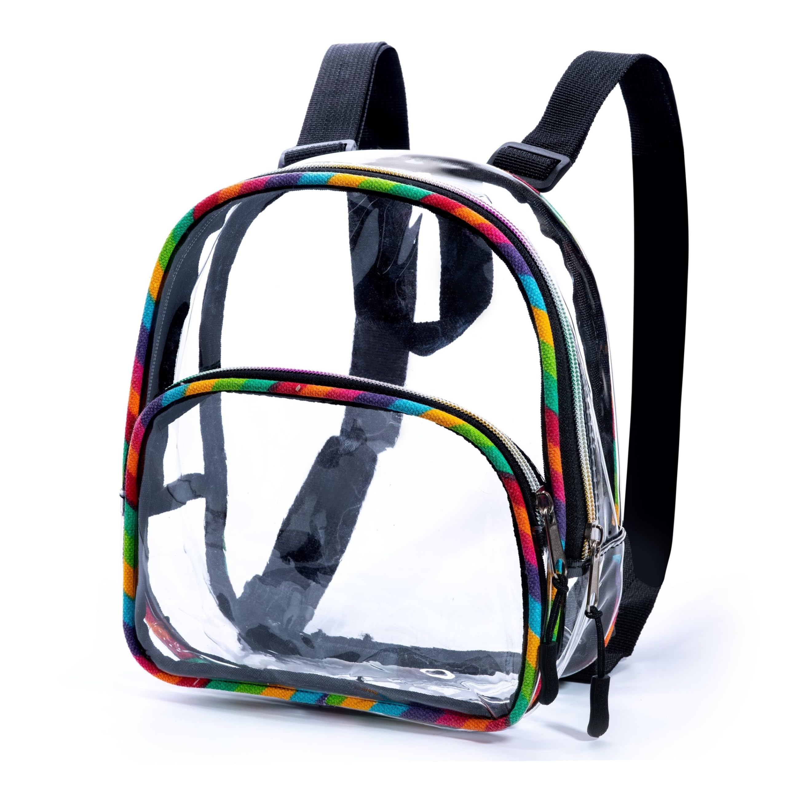 Clear Small Mini Backpack for Stadium Events, Concerts, Festivals, Stadium Approved, Size 9"H x 7"L x 3.5"W, Rainbow Canvas, Colorful Zippers,