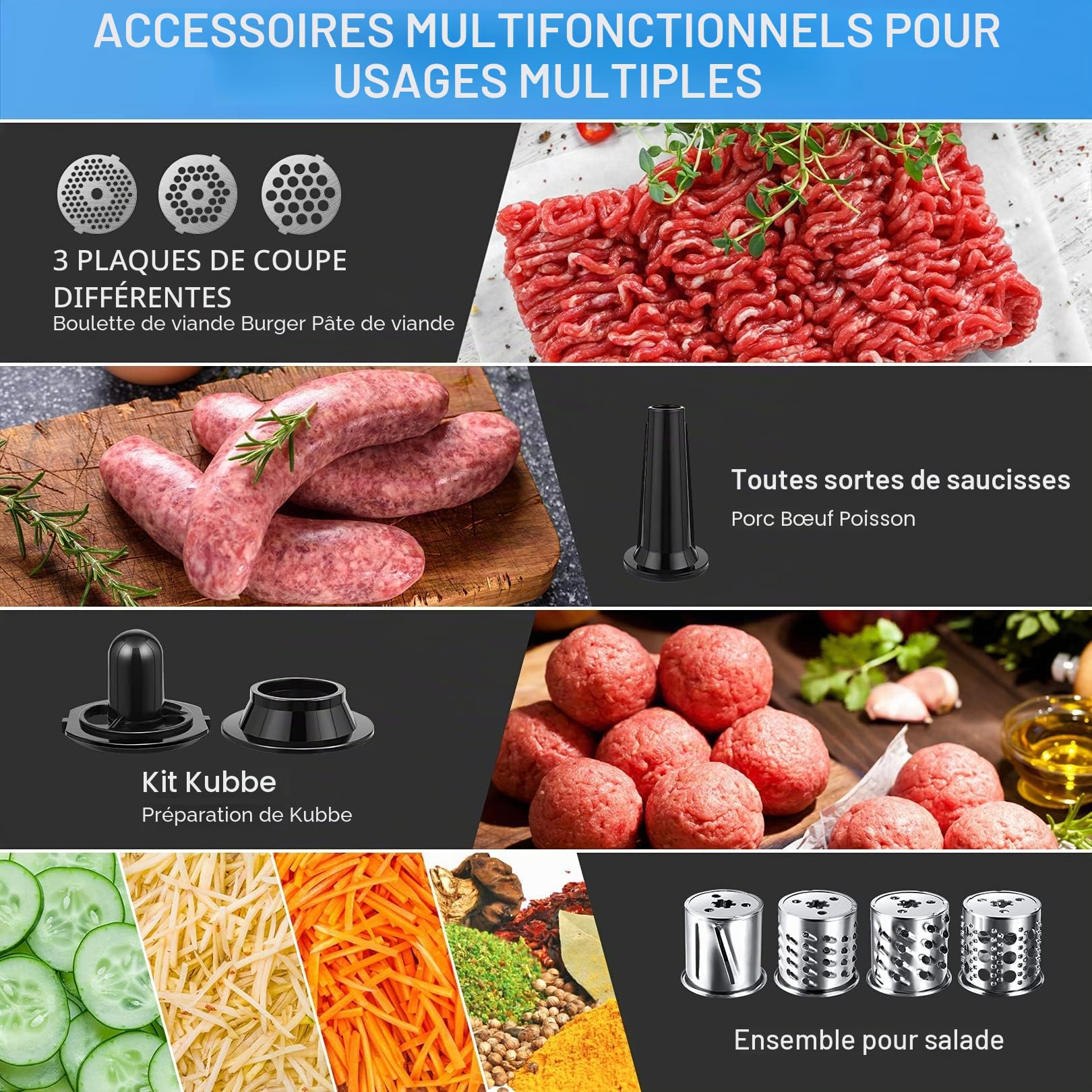 COOCHEER Hachoir à Viande Électrique 2000W 5 en 1 avec Coupe-légumes | Hachoir multifonction avec 3 grilles, 4 lames, accessoires pour kebbé et biscuits. Idéal pour la viande et les légumes