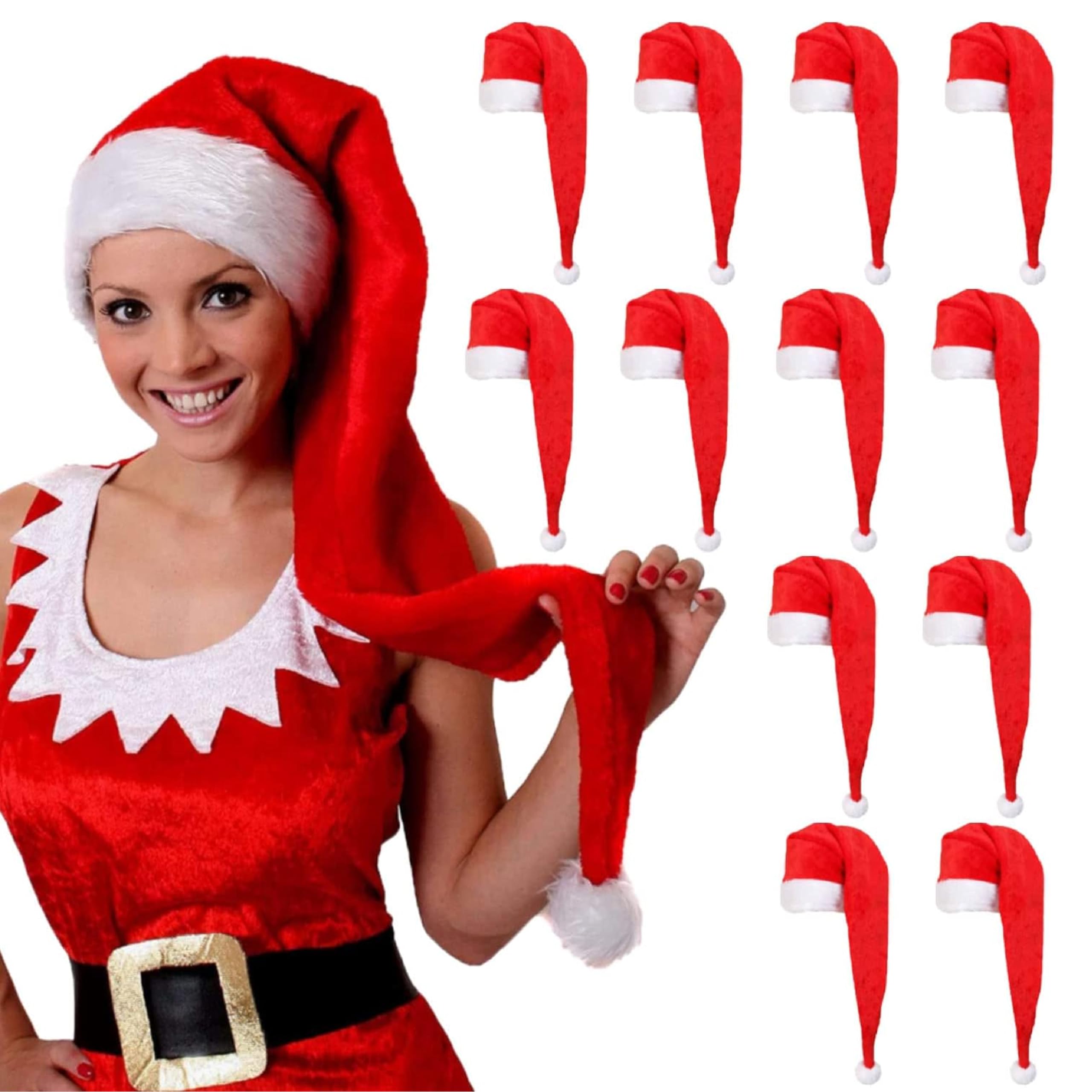 Cappellino natalizio da Babbo Natale con cappello a forma di Babbo Natale, cappello lungo in peluche, cappello natalizio da donna, rosso con bordo bianco e bombole bianche (confezione da 12)