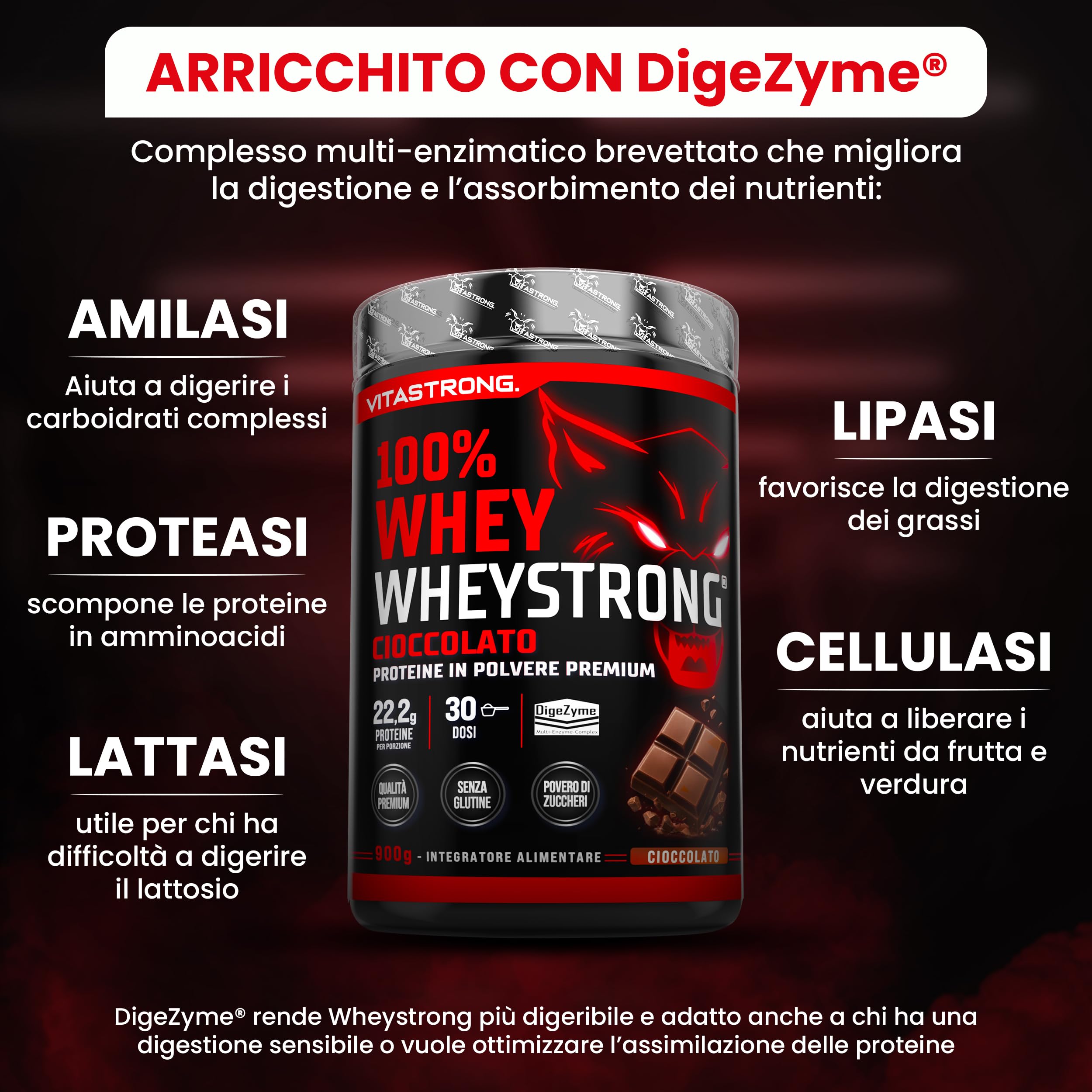 Vitastrong Proteine in Polvere Premium WheyStrong®, 900g, Gusto Cioccolato | 100% Proteine Whey con DigeZyme®, Alta Digeribilità e Concentrazione, Proteine del Siero del Latte Solo da Fornitori Italiani