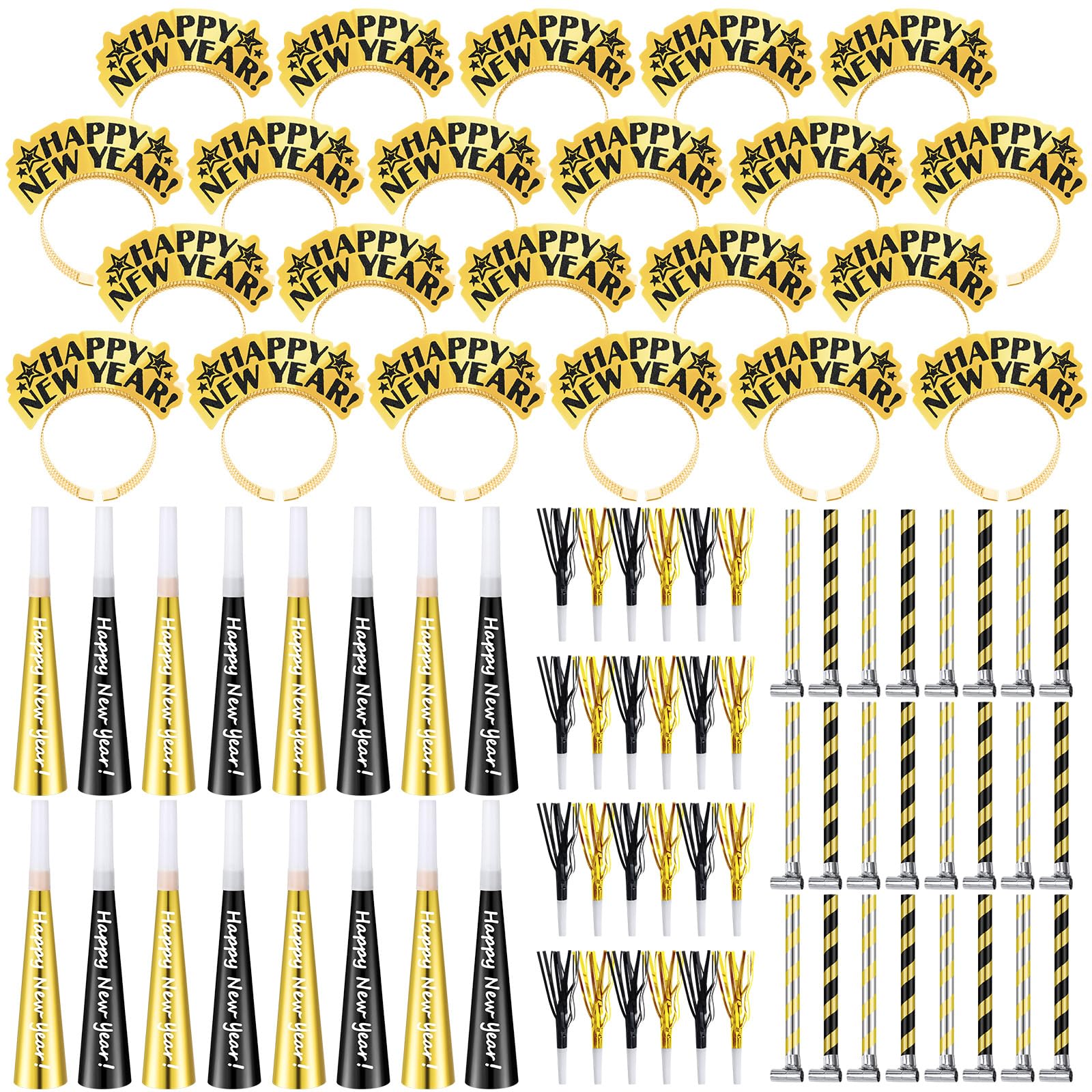 Lenwen 200 piezas de suministros para fiesta de Año Nuevo 2026, 50 diademas de feliz año nuevo, 150 bandas de ruido con flecos, doradas, plateadas, negras, recuerdos de fiesta, accesorios de cabina de