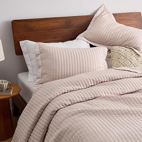 Miniatura 4 de Bedsure Colcha rosa tamaño Queen  Juego de ropa de cama ligero y suave para todas las estaciones, juego de edredón con patrón de pana, 3 piezas, 1