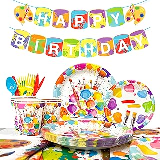 Art Birthday Party Supplies, 128pcs/Serves 16 Art Party Decorations Tableware Set Including Paint Theme Party Plates Napkins Banner & Paint Party Tablecloth Napkins etc Art Party Supplies for Kids