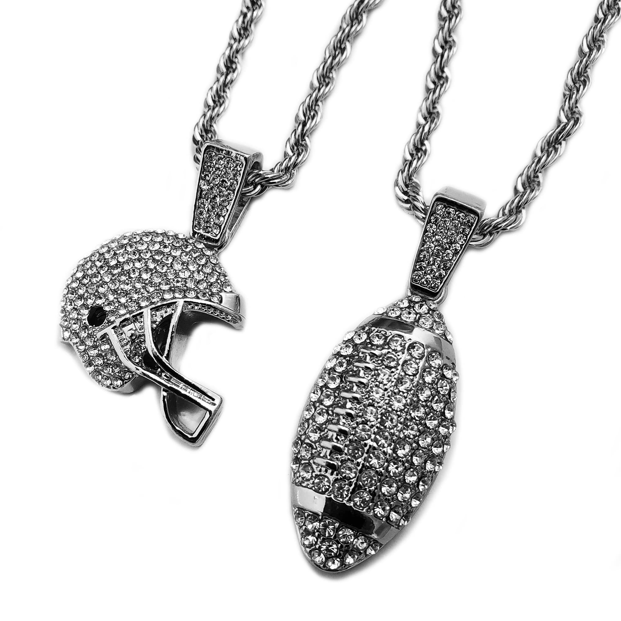 White Gold Plated Iced Football Helmet & Ball Pendant w/ 4mm 24inches Rope Chain Hip Hop Necklace, silver