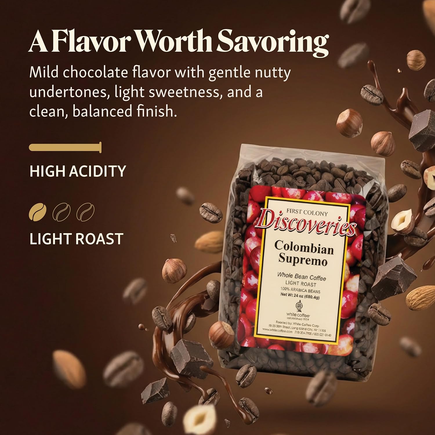 First Colony Colombian Whole Bean Coffee, Colombian Supremo, Light Roast, 100% Arabica Beans, 24oz Bag, Mild Chocolate & Nutty Flavor for Home Brewers & Cafés, Hand-Roasted in the USA Since 1902