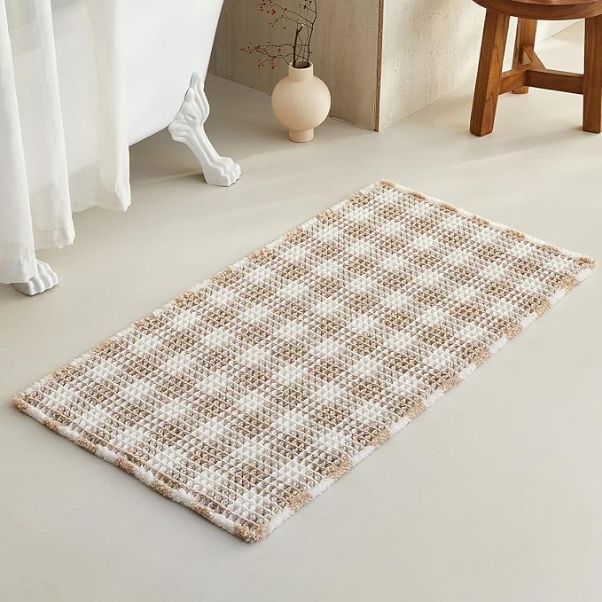 TYUU Waffle Bath Mat, Boho Bathroom Rugs Non Slip Washable Absorbent Checkered Bathroom Mat Quick Dry Farmhouse Bathroom Decor, 36"x24" Khaki and White