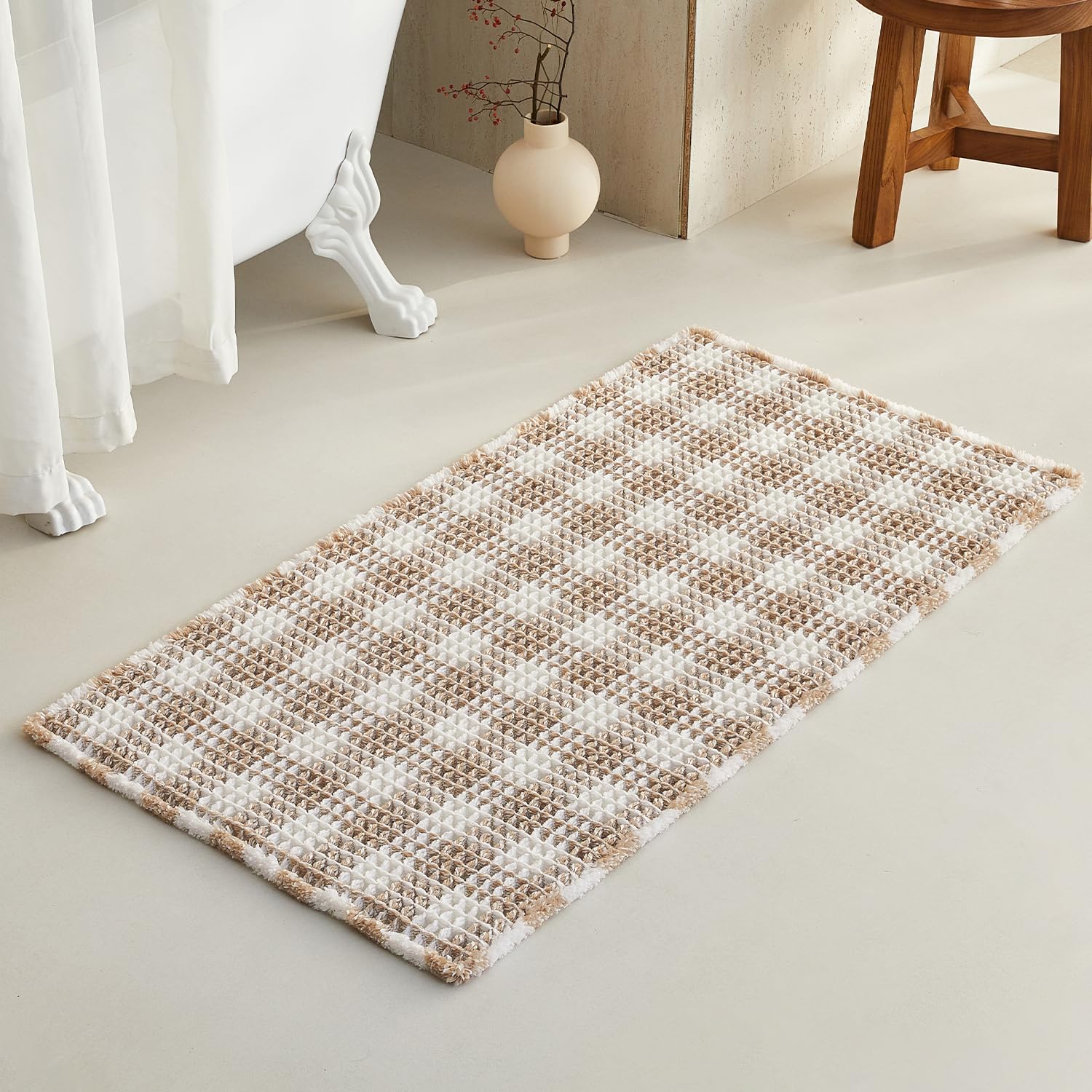 TYUU Waffle Bath Mat, Boho Bathroom Rugs Non Slip Washable Absorbent Checkered Bathroom Mat Quick Dry Farmhouse Bathroom Decor, 48"x24" Khaki and
