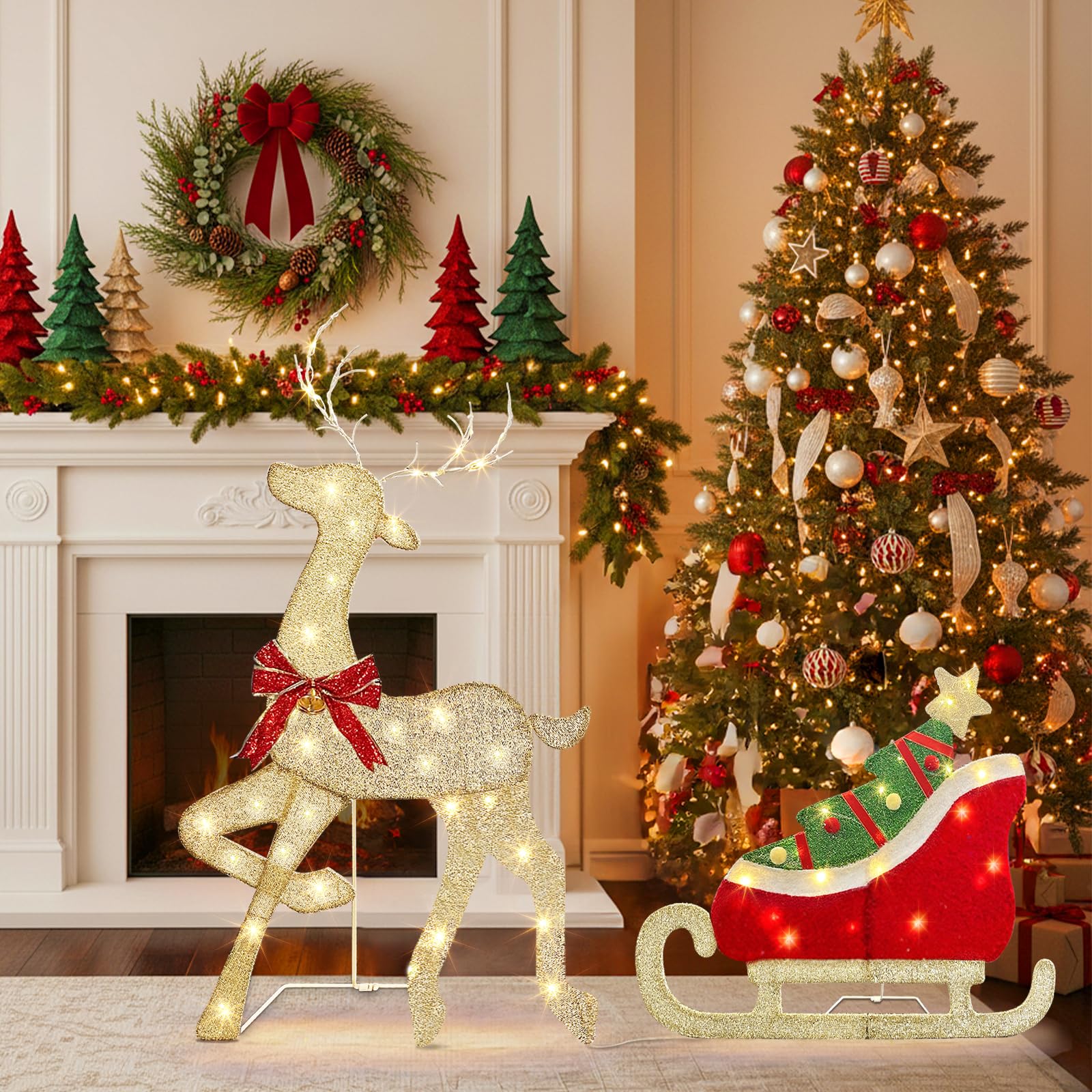 Renne Lumineux avec traîneau et 117 LED Blanc Chaud, décoration de Noël sur Pied avec détecteur de Musique et de Mouvement, Renne de Noël pour l'intérieur et l'extérieur, 107 cm