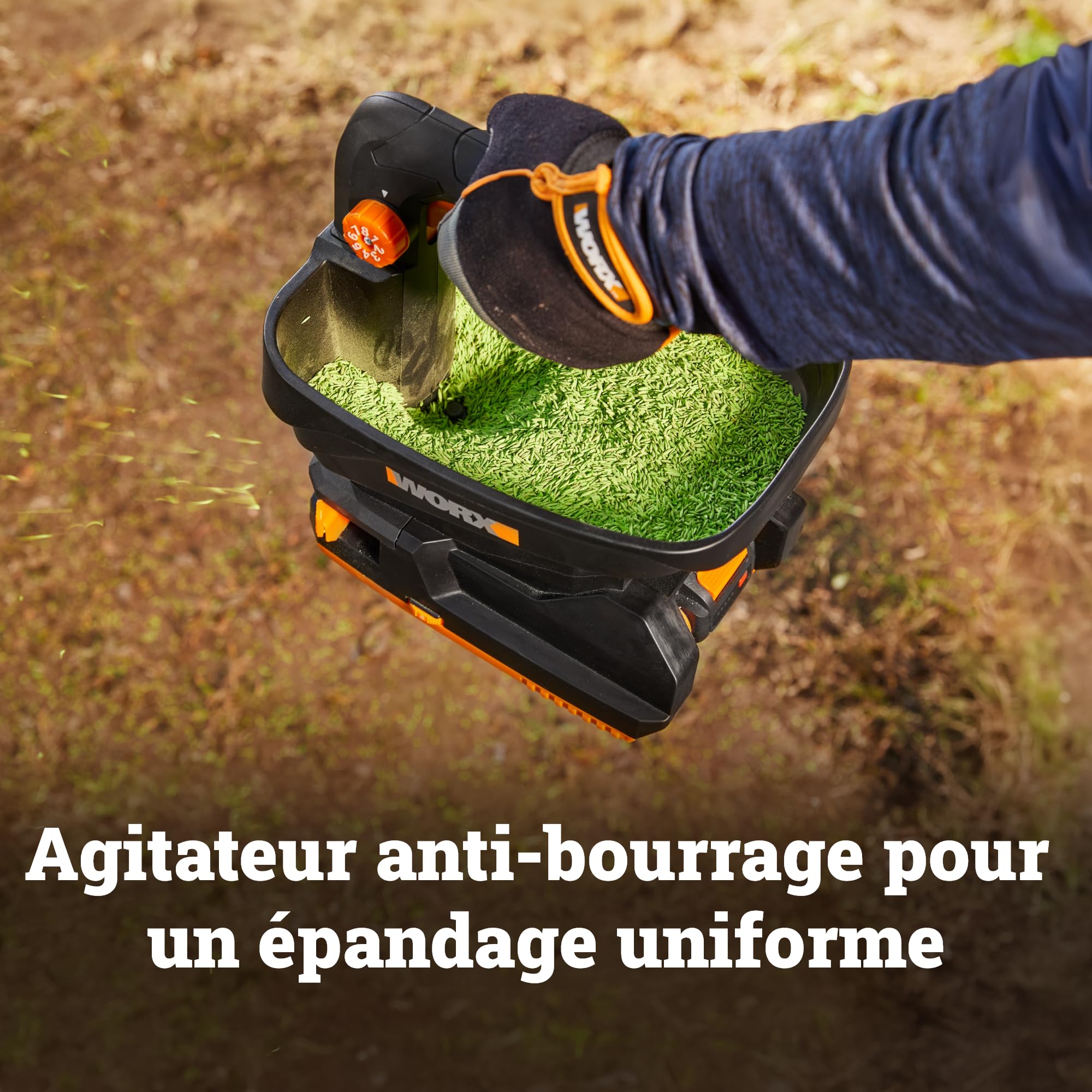 WORX Épandeur sans fil universel 20V WG869E.9, largeur d’épandage 5 m, réservoir 3,3 L, jusqu’à 550 m² par remplissage, débit réglable, pour engrais et sel de déneigement, sans batterie ni chargeur