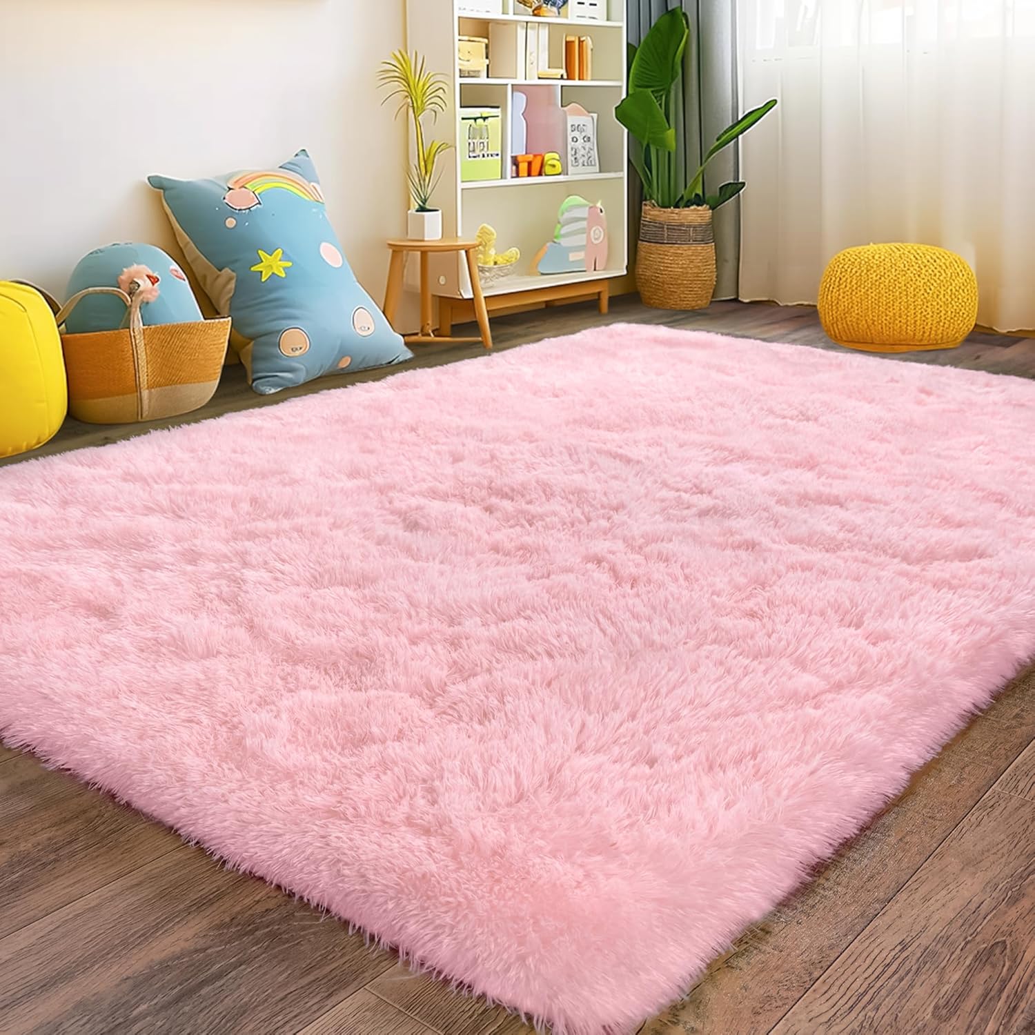 Fluffy Pink Area Rug for Bedroom Girls, 5x7 Soft Fuzzy Plush Shag Rug for Living Room, Cute Comfy Throw Rug for Kids, Non-Slip Indoor Shaggy Floor Carpet for Nursery Teen Dorms Home Decor Aesthetic 5x7 Feet 1-pink