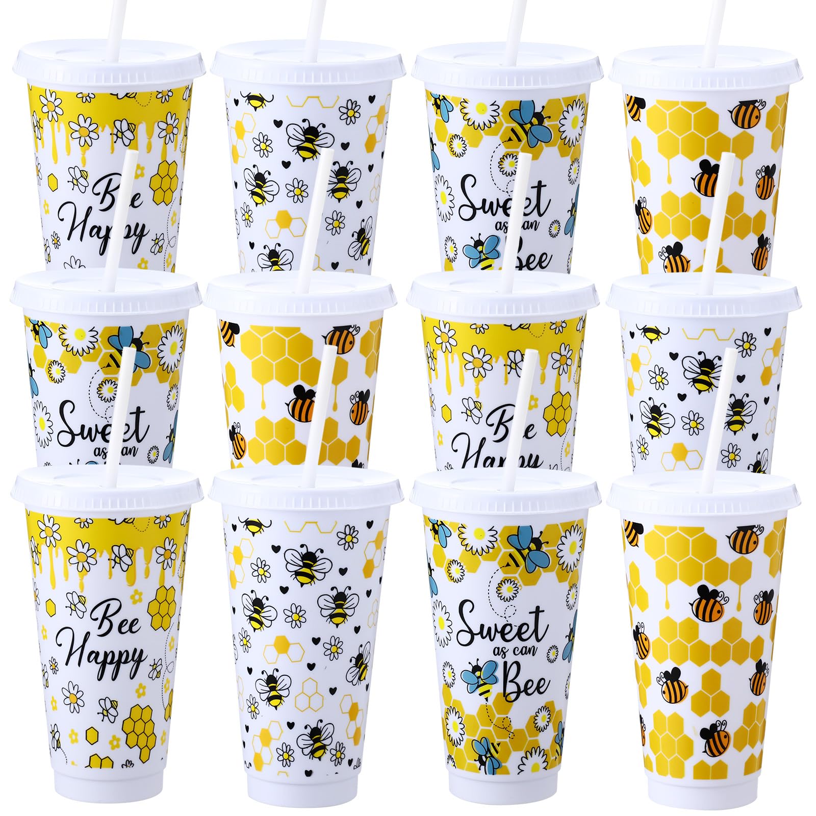 Funnymoom 12 Pcs Bee Theme Party Supplies Sweet Bee Plastic Reusable Cups with Lids and Straws 24 oz Cold Travel Mug Honey Tumblers Water Bottle for