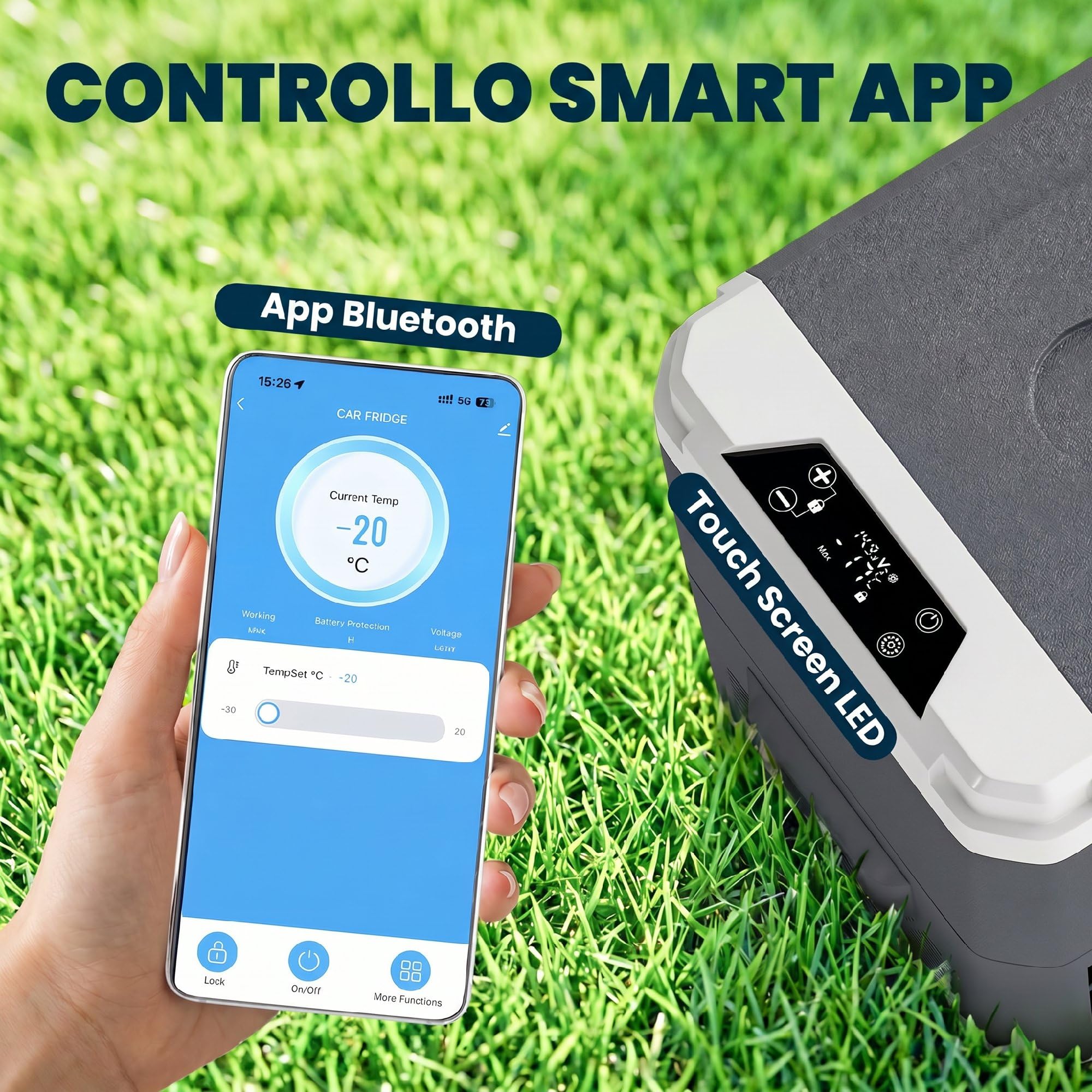 Outsunny Frigorifero Portatile per Auto 25L con Compressore, Frigo Portatile Elettrico Anti-Shock, APP Bluetooth, Maniglia, 12/24V DC e 100-240V AC, -20°C a 20°C, per Campeggio Camion Barca Camper