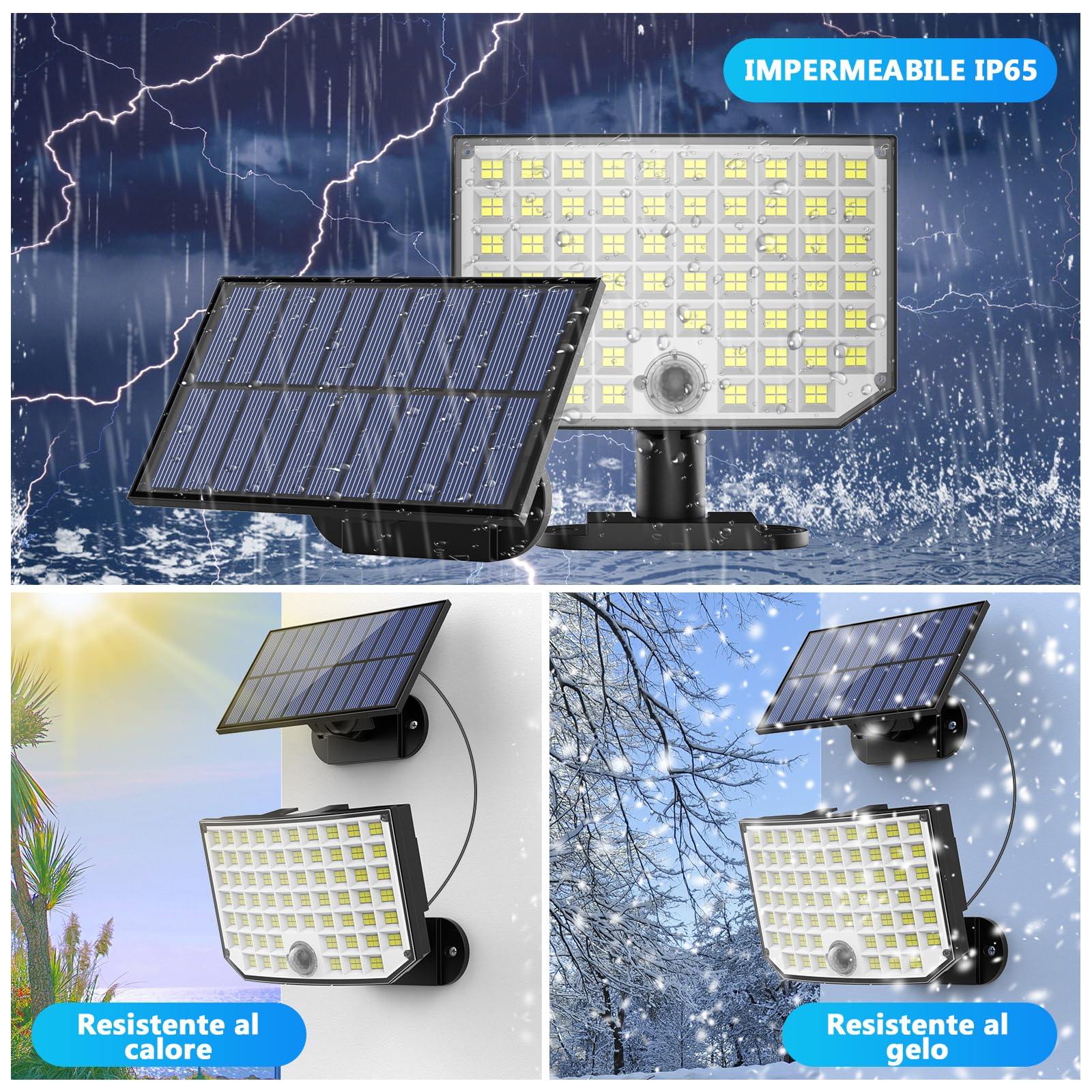 Faretti Solari a LED da Esterno, 256 LED 3 modelli Luce Solare LED Esterno con Sensore di Movimento, IP65 Impermeabile Lampada Solare da Esterno con Estensore 5M Giardino Garage 2 Pezzi