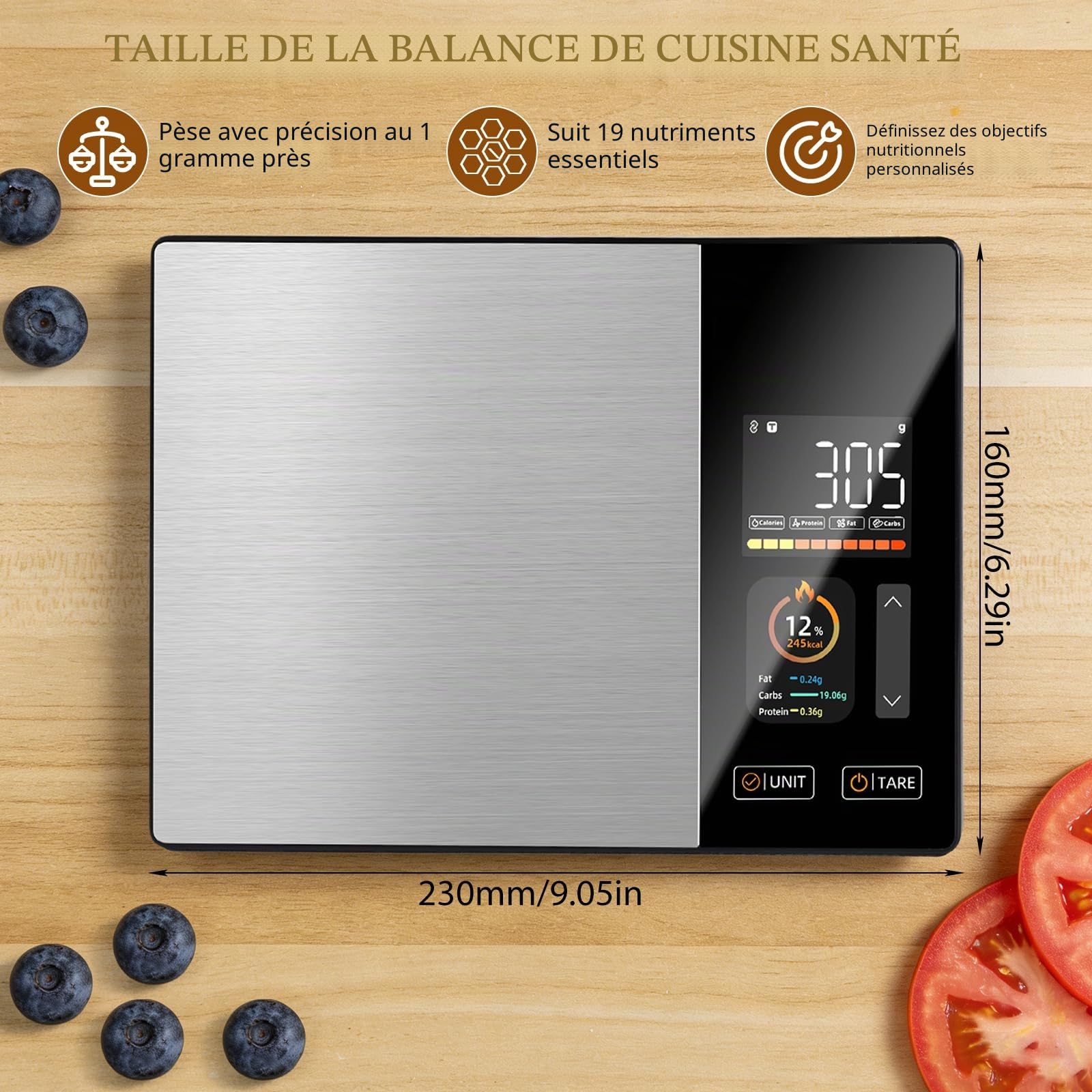 Balance de Cuisine Intelligente,Balance de Cuisine à Écran LED,Avec Calcul de La Valeur Nutritionnelle,écran Couleur TFT,Précision de 1g Avec Tare – pour Famille la Perte de Poids, la Remise