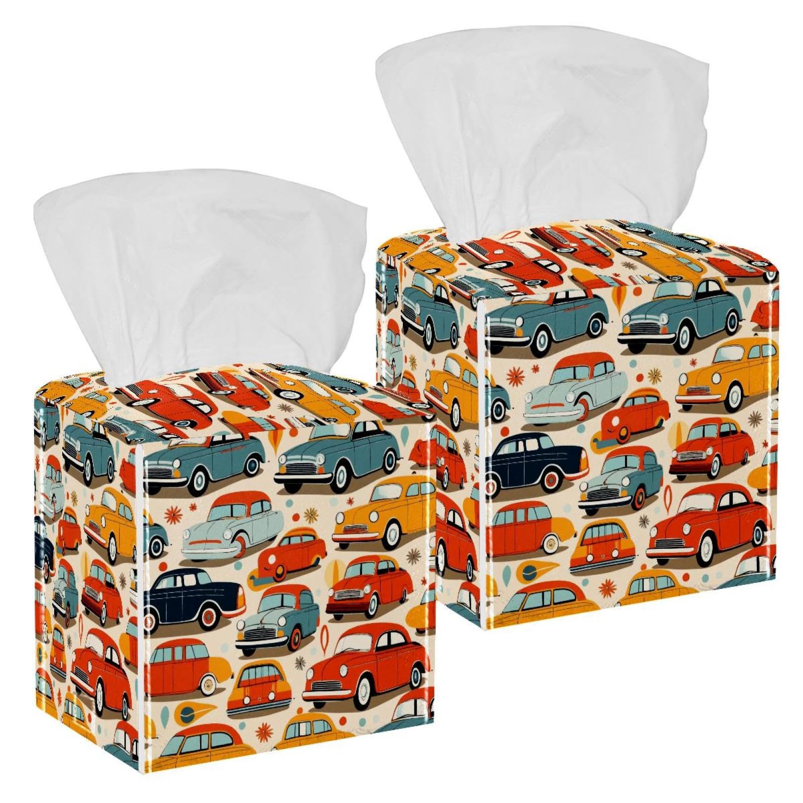 Cartoon Car Tissue Box Cover, 2 Pack PU Leather Square Facial Tissue Dispenser Box holder for Home Office Car