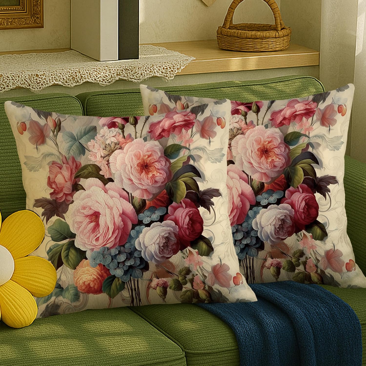 French Country Rose Throw Pillow Covers Pack of 2 Vintage Floral Plant Pink Velvet Decorative Square Washable Shabby Chic Throw Pillows Cottage core Sofa Outdoor Bed Dorm Living Room 24x24 Inch