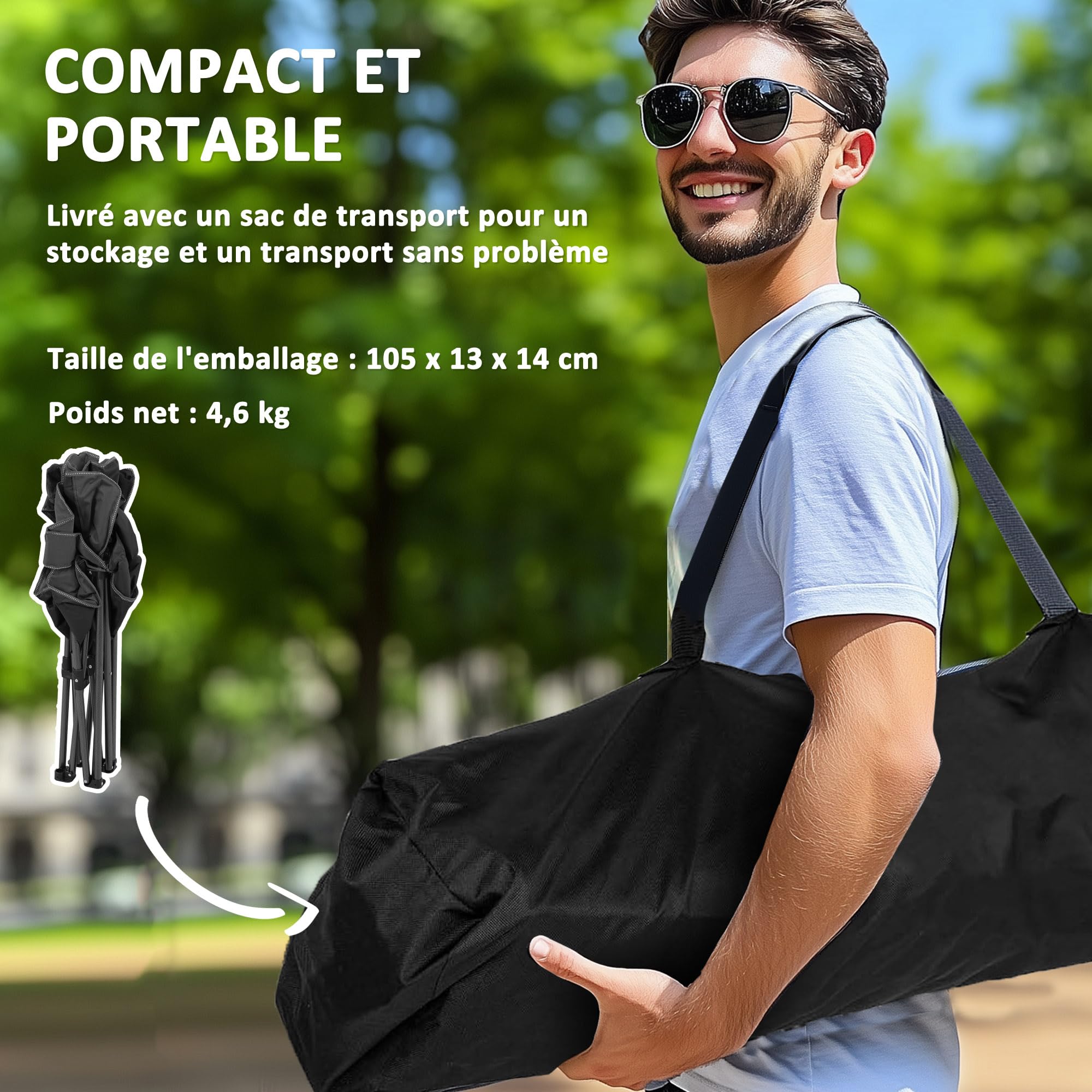 Outsunny Chaise Pliante Camping, Chaise de pêche Portable, siège rembourré, Porte-gobelets, Poches latérales et Sac de Transport, Fauteuil Pliant pour randonnée, pêche, Plage et Pique-Nique, Noir