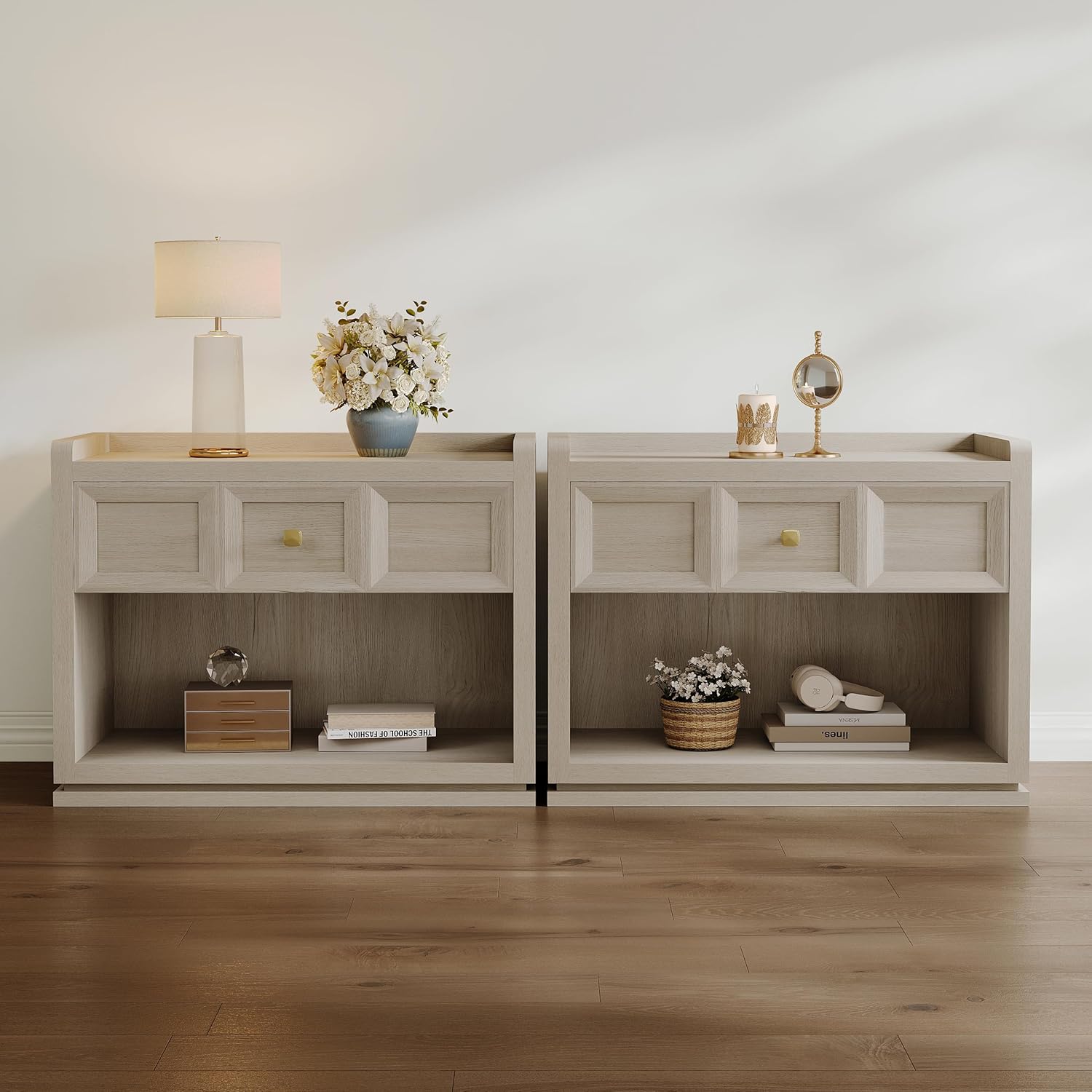 SICOTAS 31" Wide Nightstands Set of 2, Large Night Stands with Drawer, Oversized King Size Nightstand Bedside Table for Bedroom, Farmhouse End Side Table Set of 2 with Round Corners,Grey White Oak