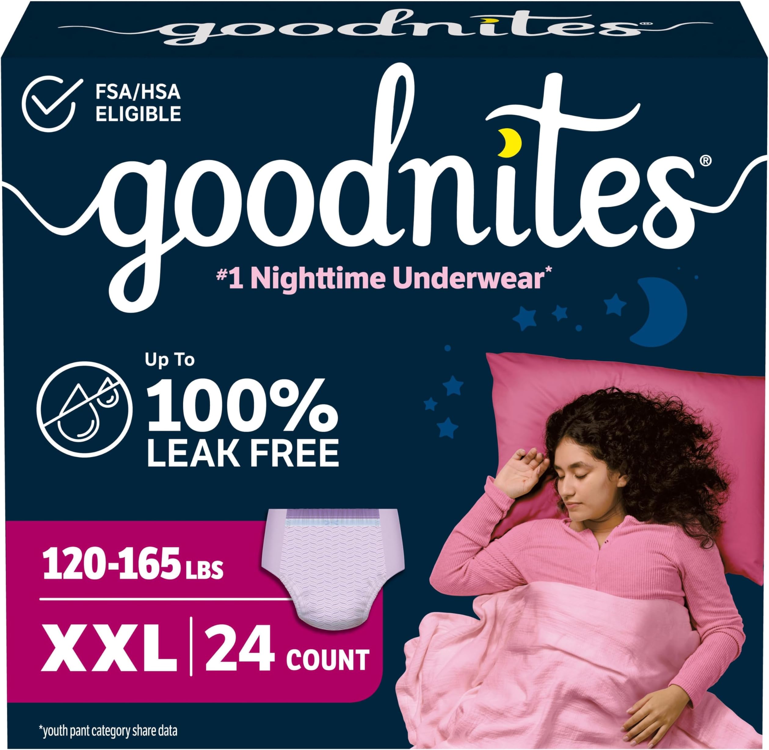 Goodnites Girls Nighttime Underwear XXL Size (120-175lbs), 24 Pack (2 Pack of 12), Package May Vary