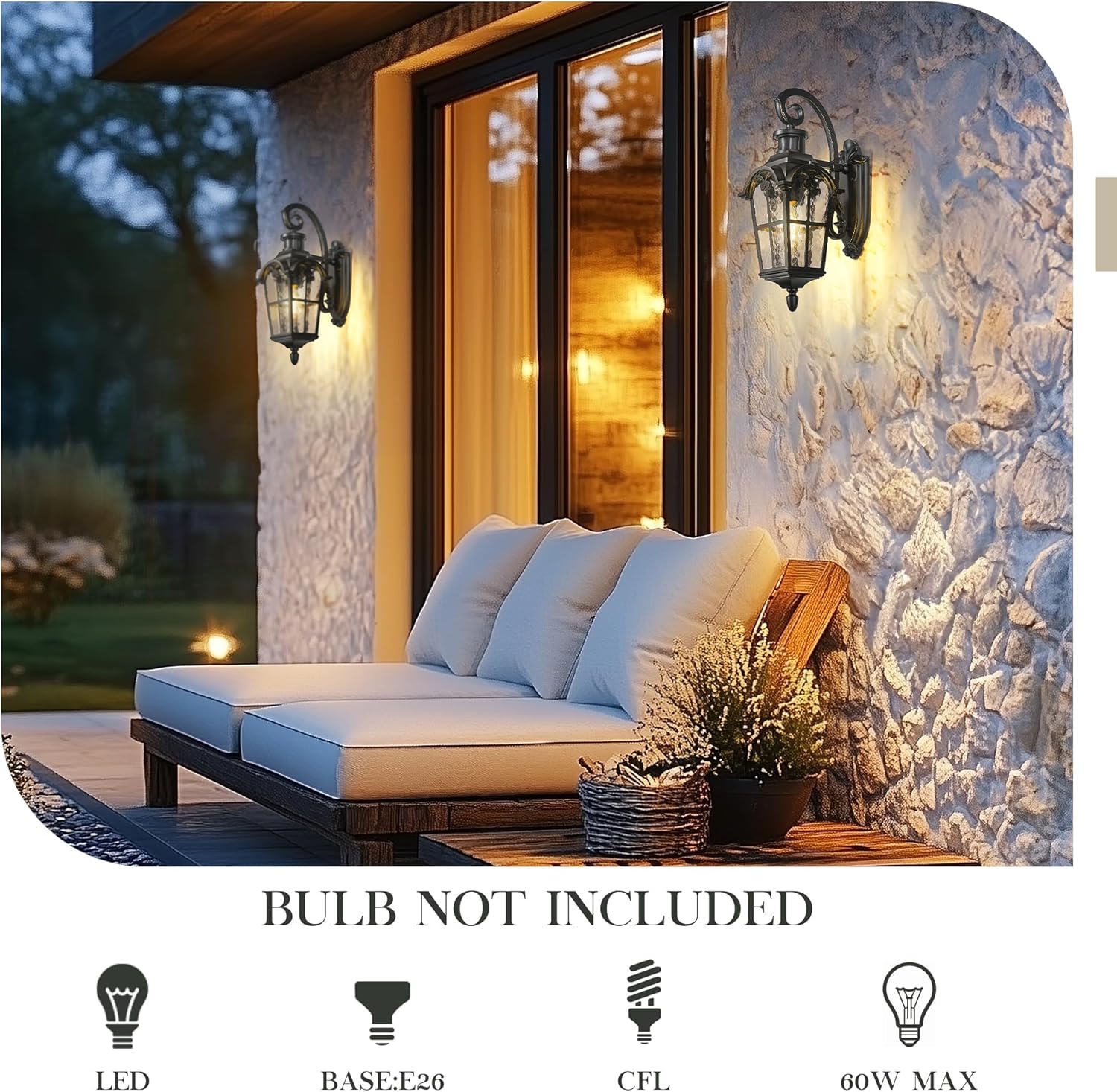 Emliviar Motion Sensor Outdoor Wall Light, Porch Wall Lamp with Water Glass, 18.7" Waterproof Exterior Sconce Wall Mount, Black Finish with Gold Edges, WE305B-SE BG-SW