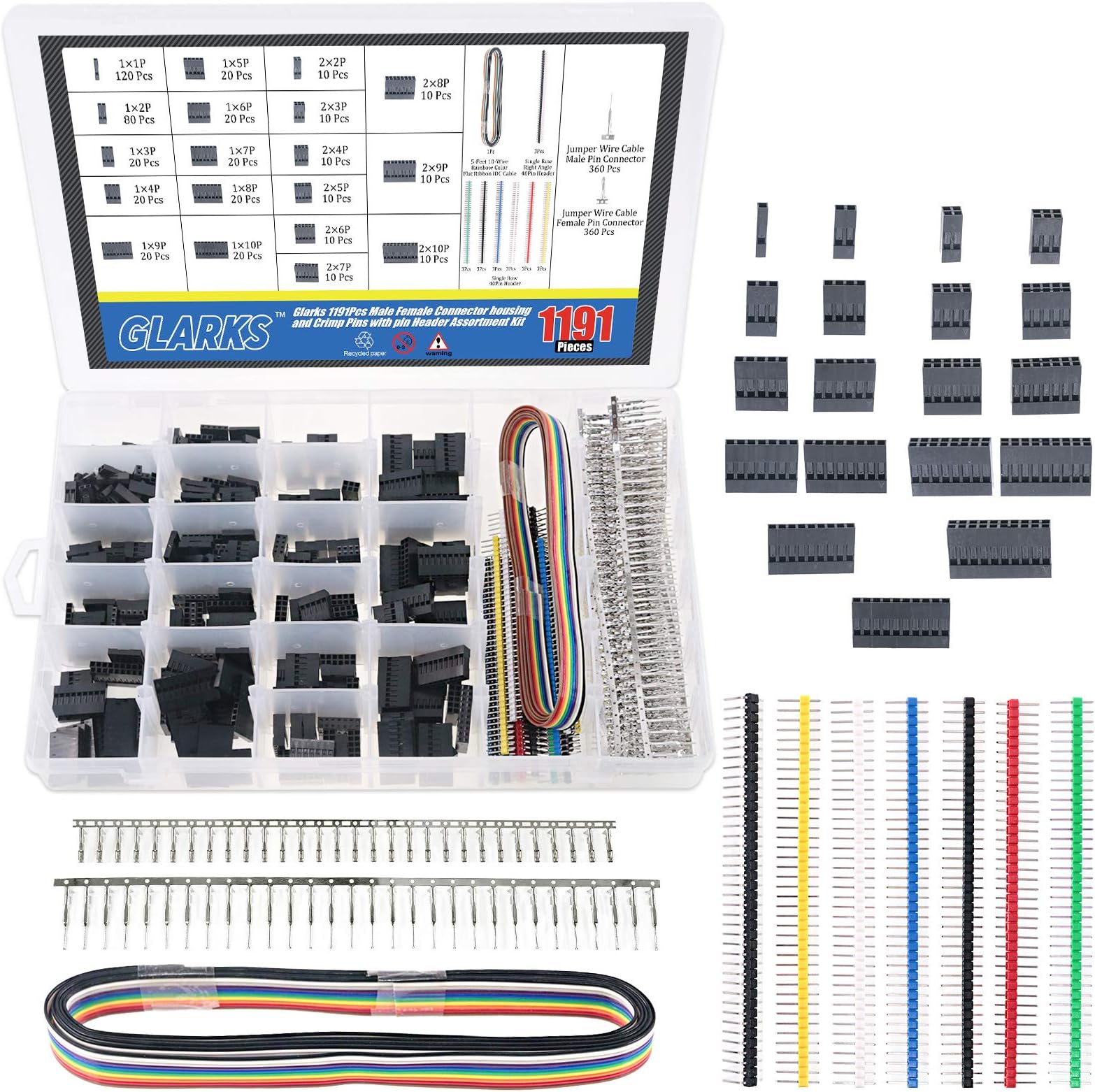 GLARKS 1191Pcs 2.54mm Pitch 1 2 3 4 5 6 7 8 9 10 Pin Housing Connector and Male Female Crimp Pins with Pin Header and 10 Wire Rainbow Color Flat Ribbon IDC Cable Compatible with Dupont Connector Kit
