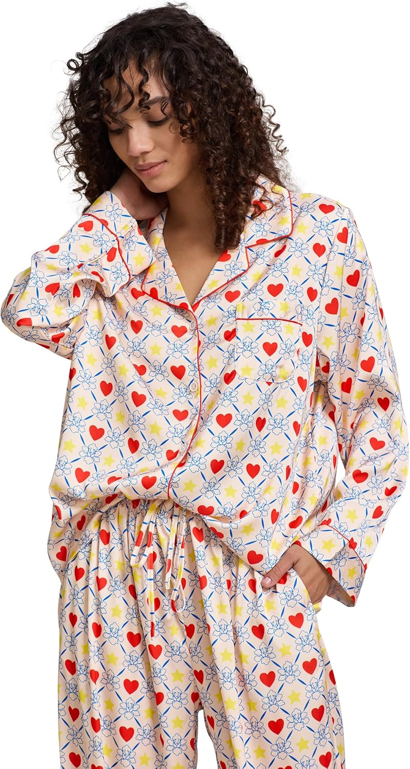 Womens Silk Satin Pajamas Set Button Down 2 Piece Pjs Long Sleeve Oversized Sleepwear with Pockets - Image 6