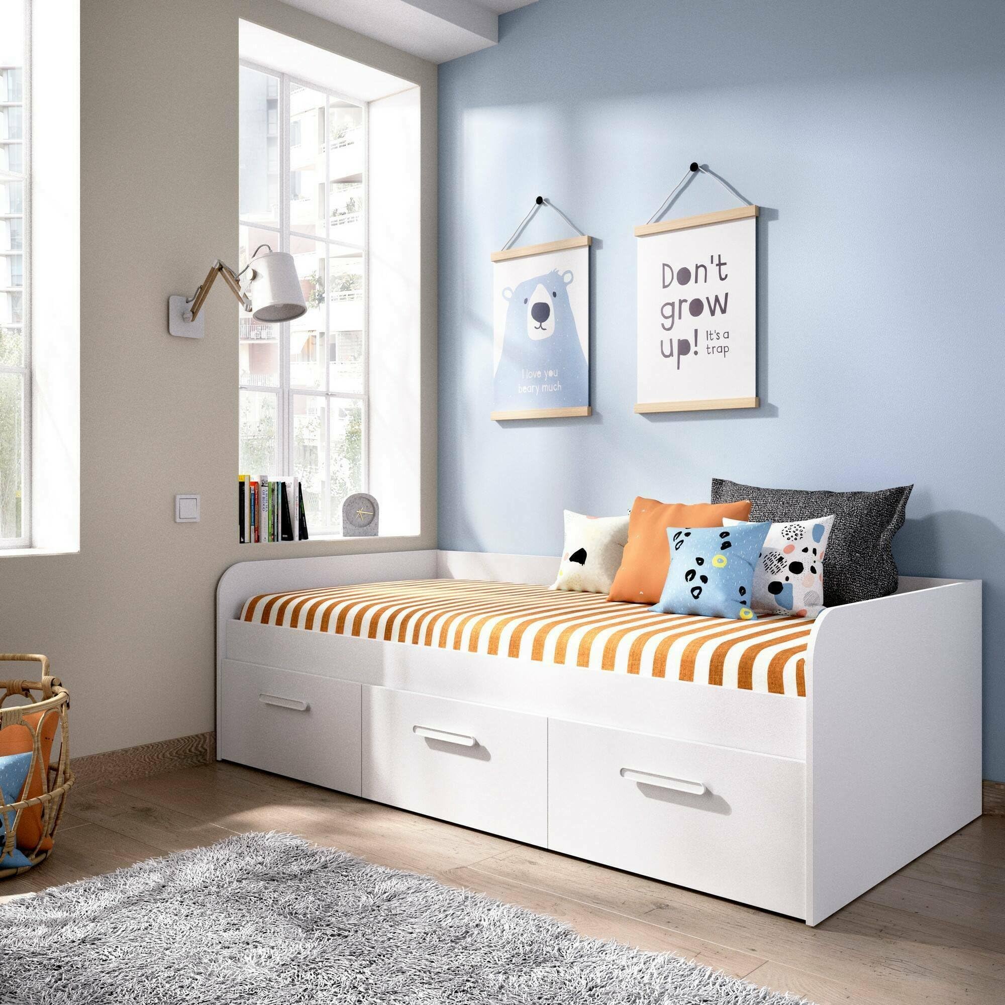 Dmora Letto per Bambini Adamello 97x194.3 cm Bianco Contenitore Dimensione Materasso 90x190 cm, Lettino Singolo