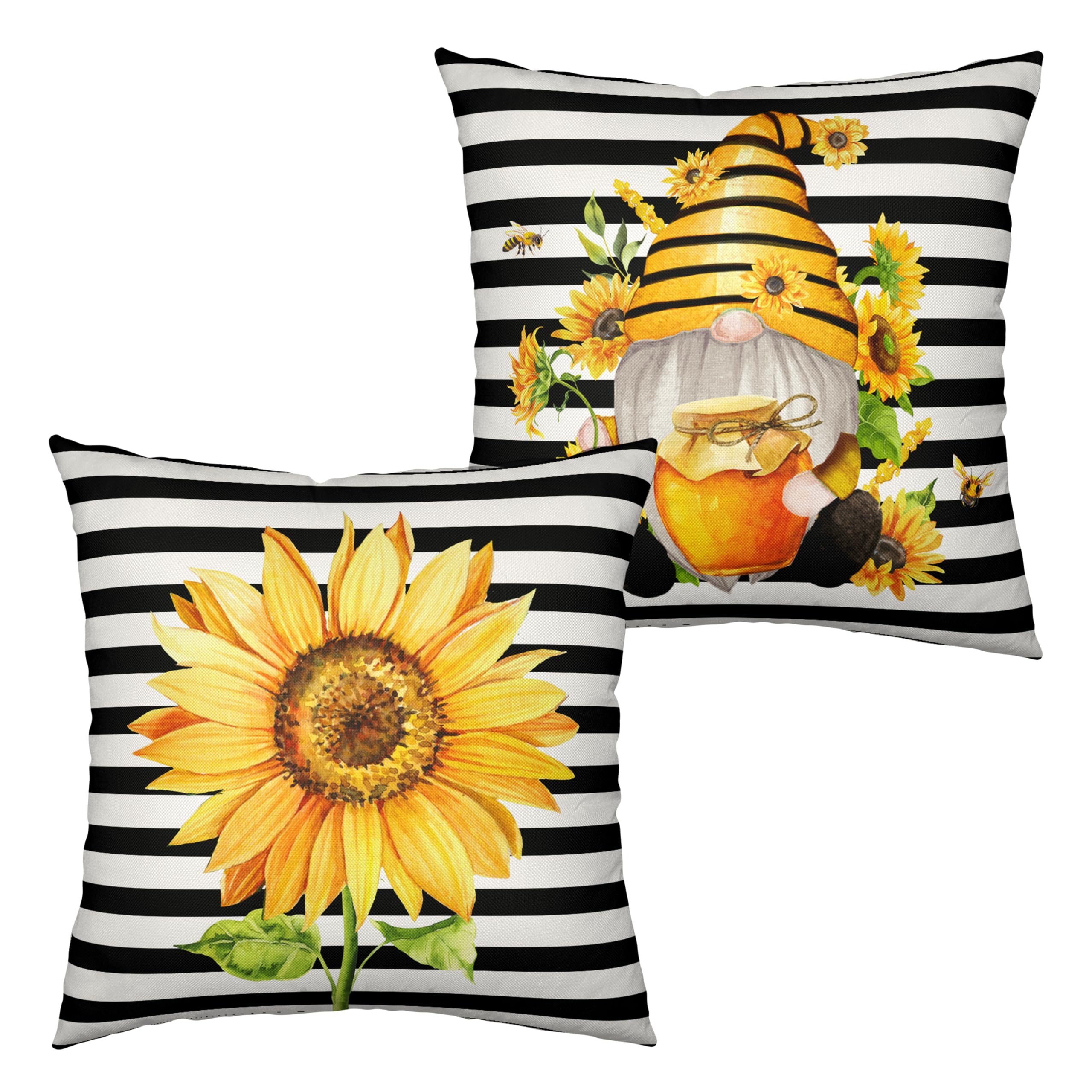 Kwlegh 2 Pack Sunflower and Gnome Pillow Covers 24x24 Spring Summer Floral with Bee Throw Pillow Case Sweet Honey White Black Striped Cotton Linen