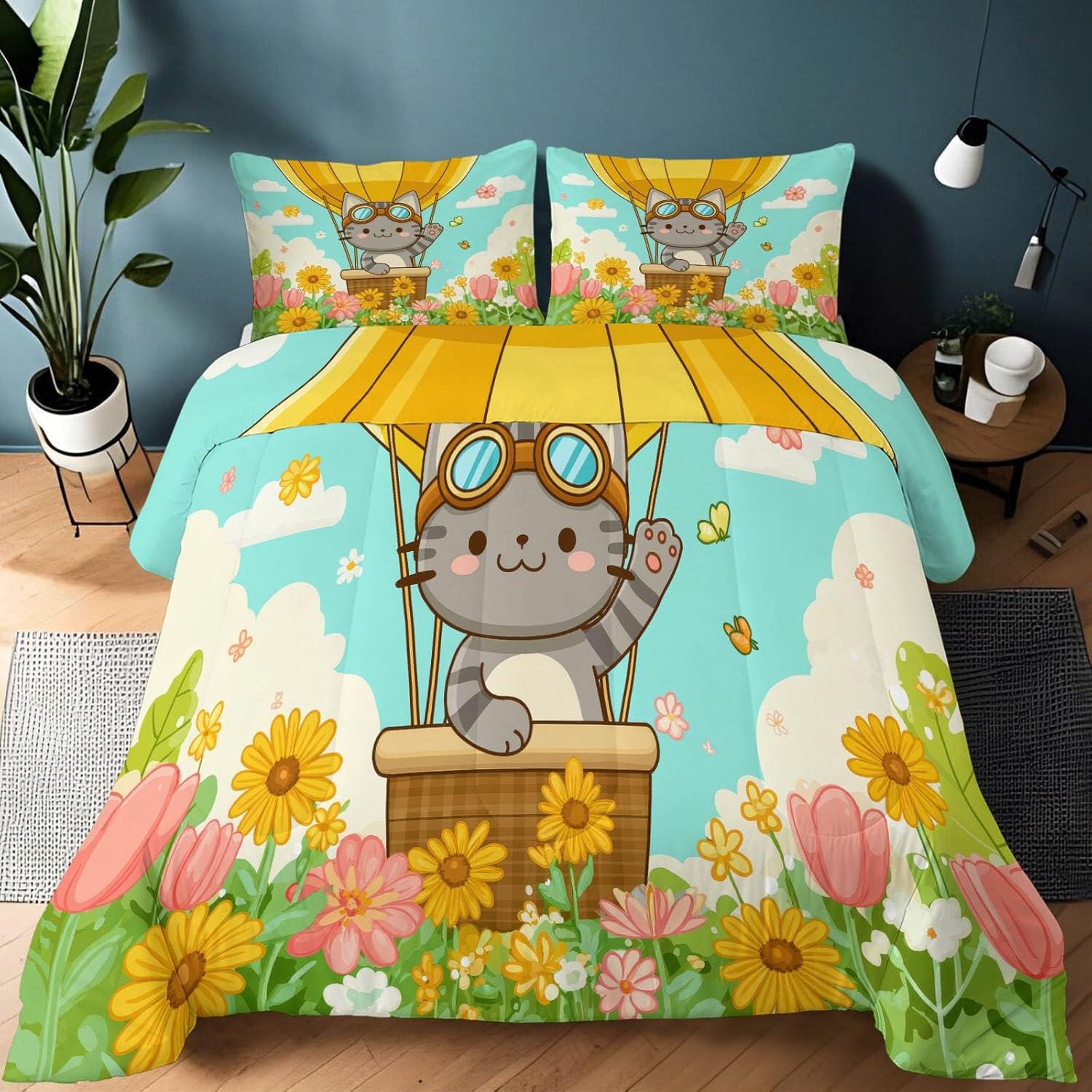 Bedding Set Queen Lightweight Soft 3 Piece Cartoon Animals Cats Plants Flower Fields Comforter Set with 2 Pillow Covers, Quilt Breathable Multicolor Comforter (90" x 90") for Girls Boys Kids